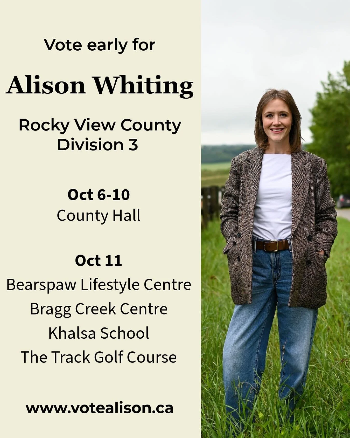 Vote early for Alison Whiting in Division 3 of Rocky View County! 

If you need help locating your closest voting station or assistance getting to the voting station on the day, please reach out! I have volunteers who are ready to help.