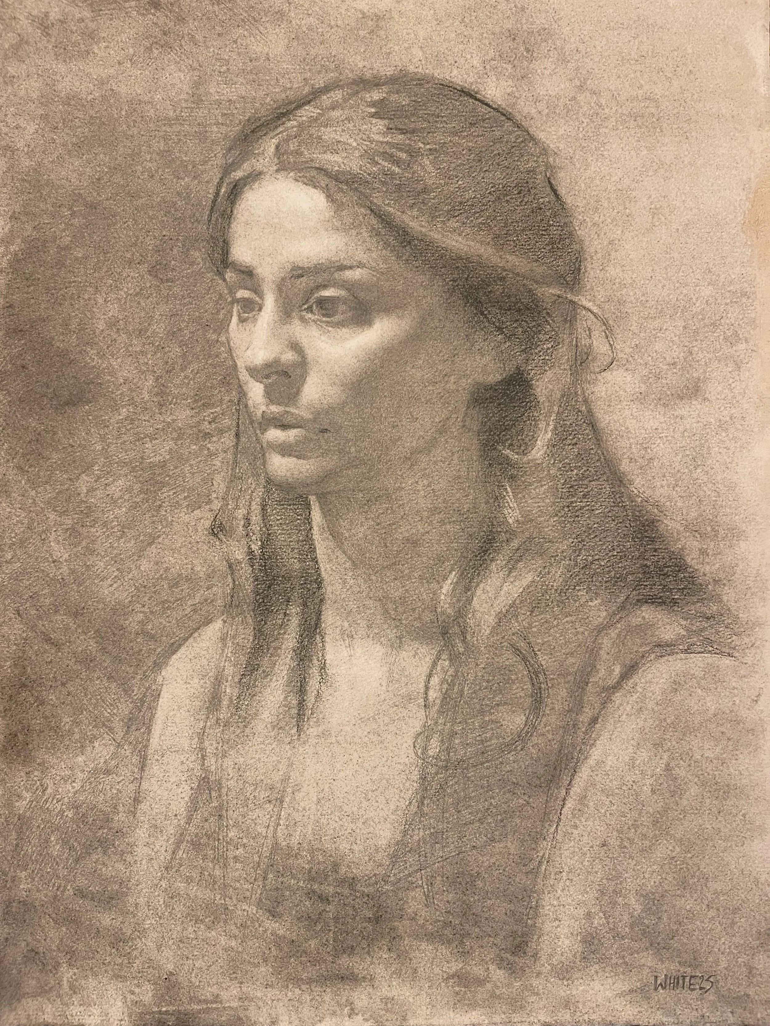 Violet - Charcoal, graphite and white chalk on toned paper