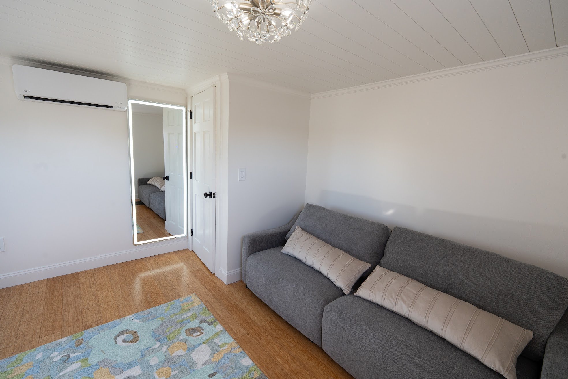 Living room with white walls, a gray couch with two beige pillows, wooden flooring, colorful rug, white door with a mirror, air conditioning unit, and a ceiling light fixture.