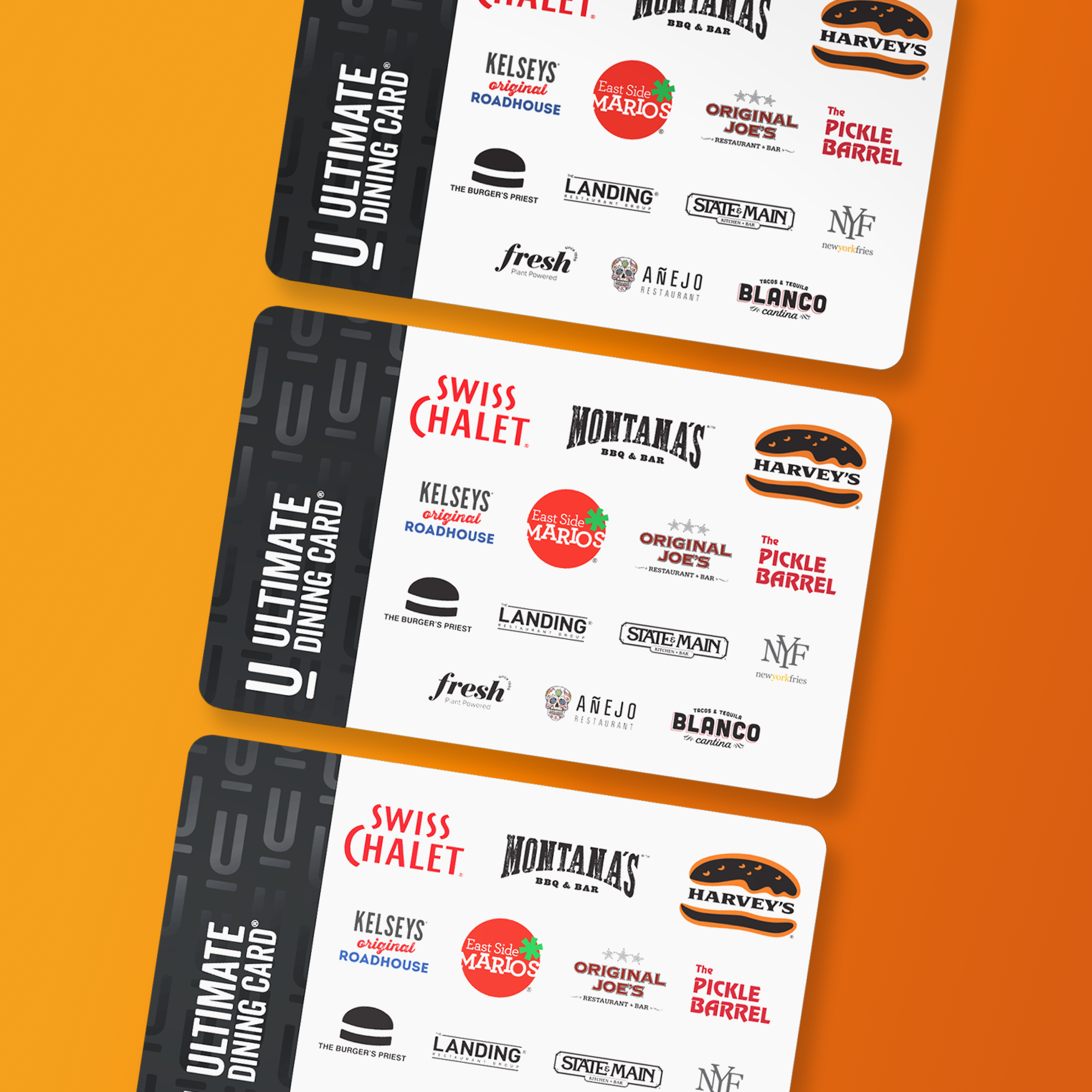 three ultimate dining gift cards on orange background