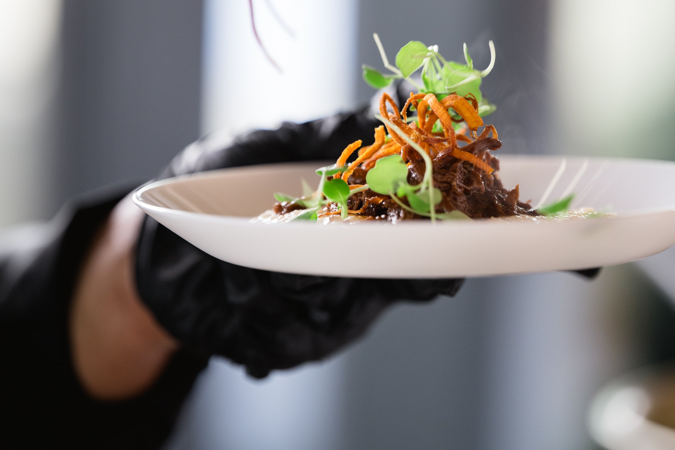 A gourmet dish with shredded meat, garnished with crispy fried strips and fresh green microgreens on a white plate.