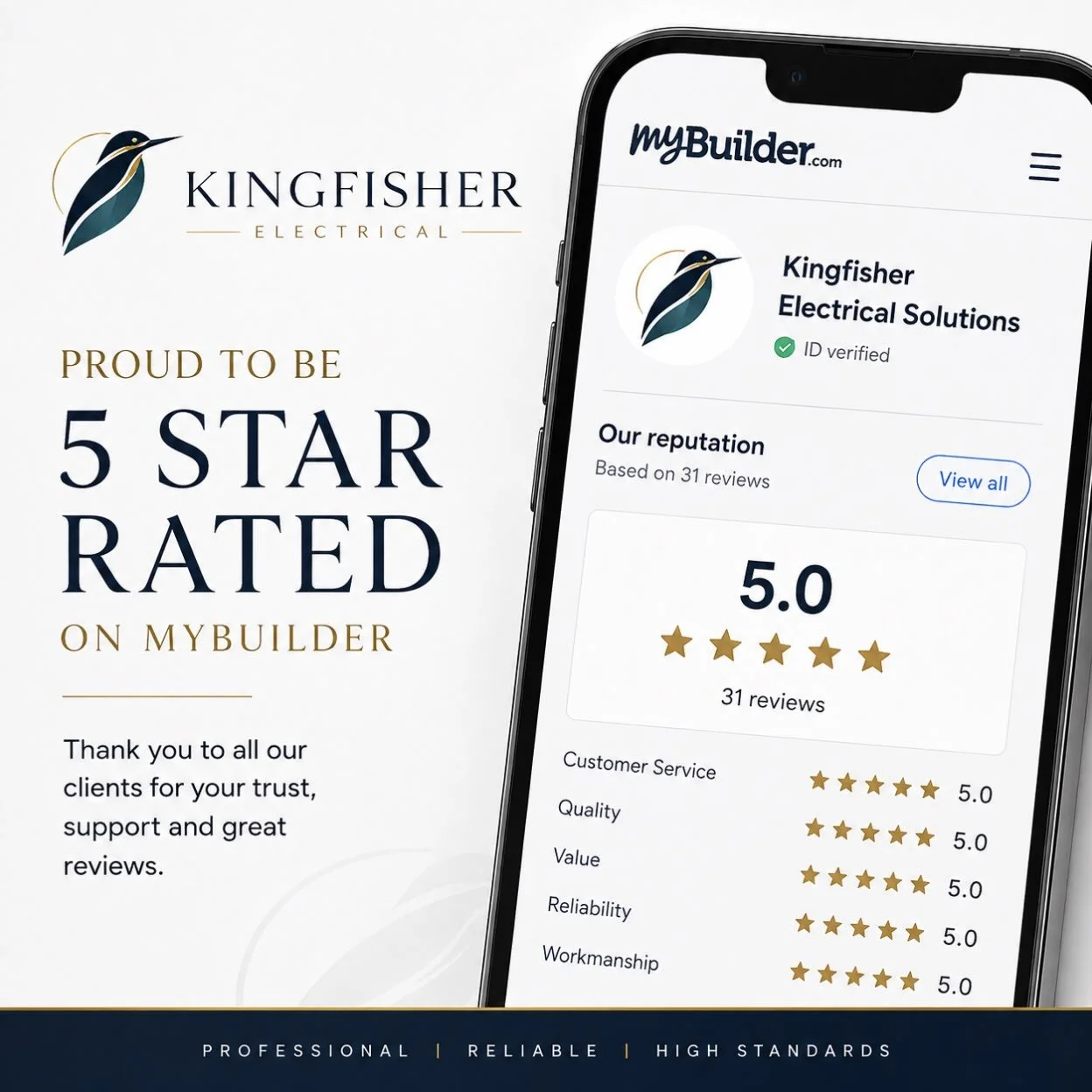 Proud to be 5 star rated on MyBuilder.

For us, the standard of the work matters just as much as how the job is delivered. Clear communication, reliability and attention to detail from start to finish.
