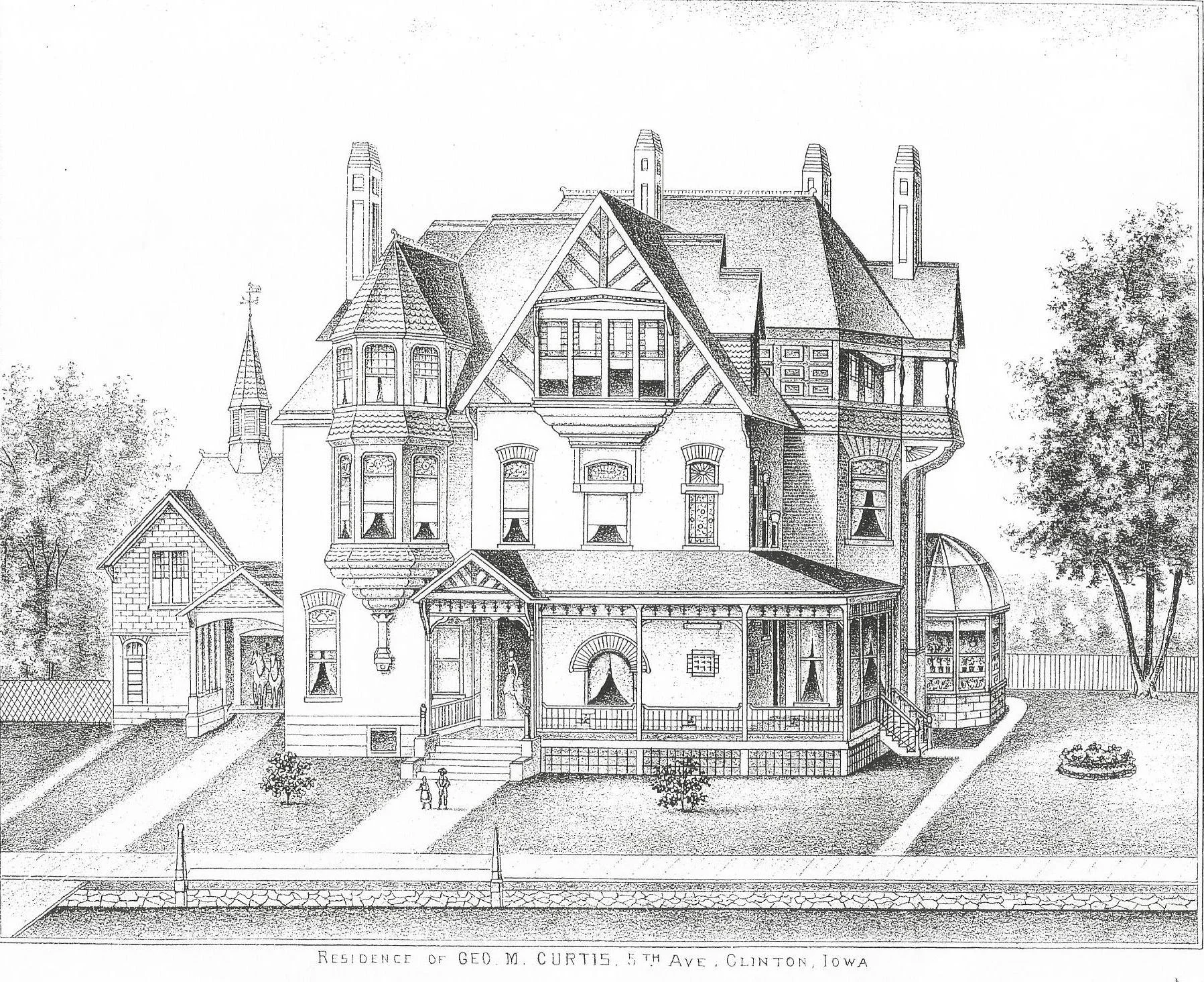 Black and white architectural drawing of a the George M. Curtis Mansion