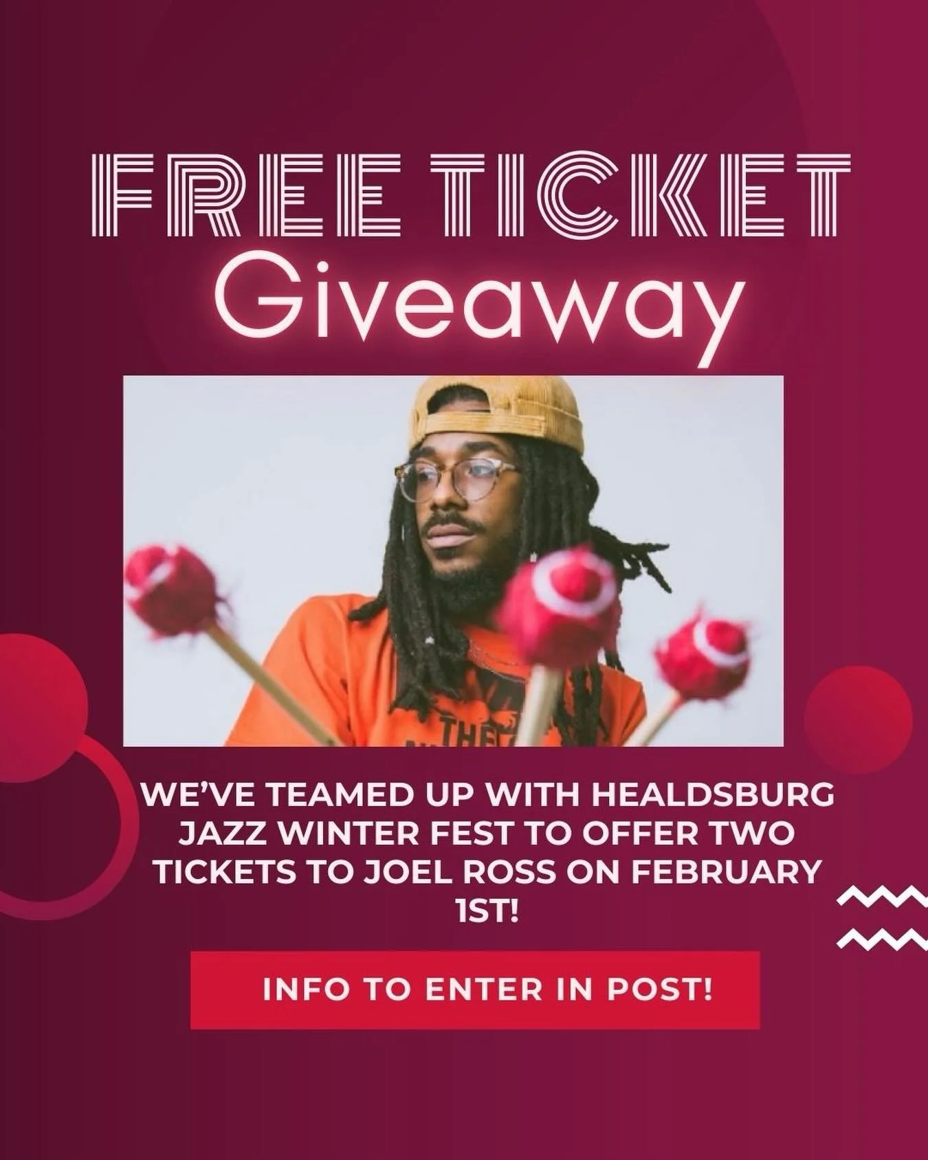 It&rsquo;s time for a GIVEAWAY!

We have teamed up with friends at Healdsburg Jazz to offer two tickets to check out the acclaimed Joel Ross and his Good Vibes concert on Sunday February 1st at the Healdsburg Community Church at 7pm

Joel Ross&nbsp;a