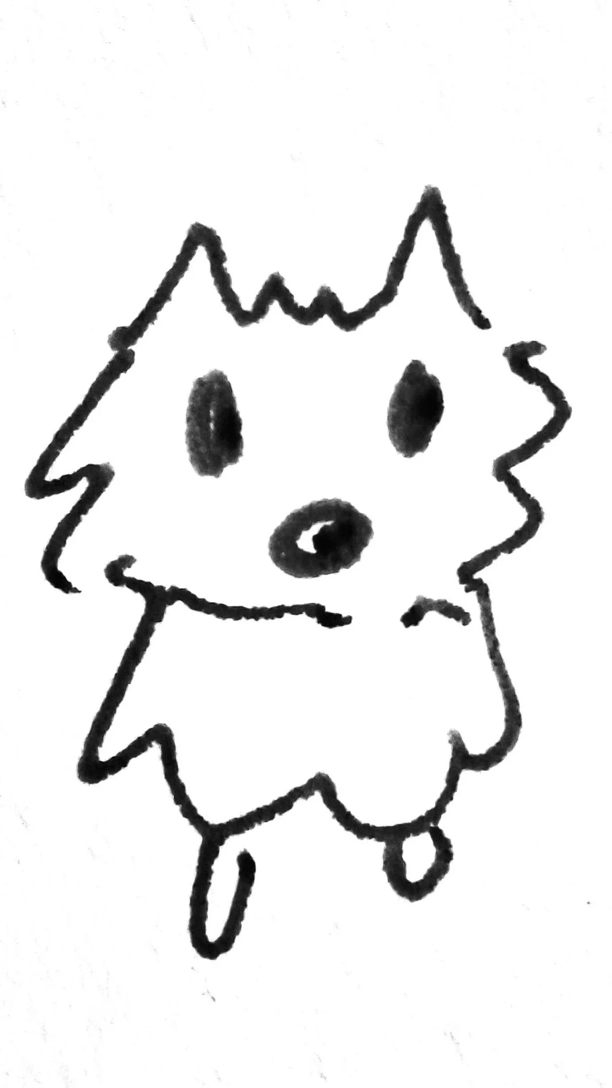 A black and white sketch of a small dog with a crown or a spiky head, large black eyes, and a round nose.