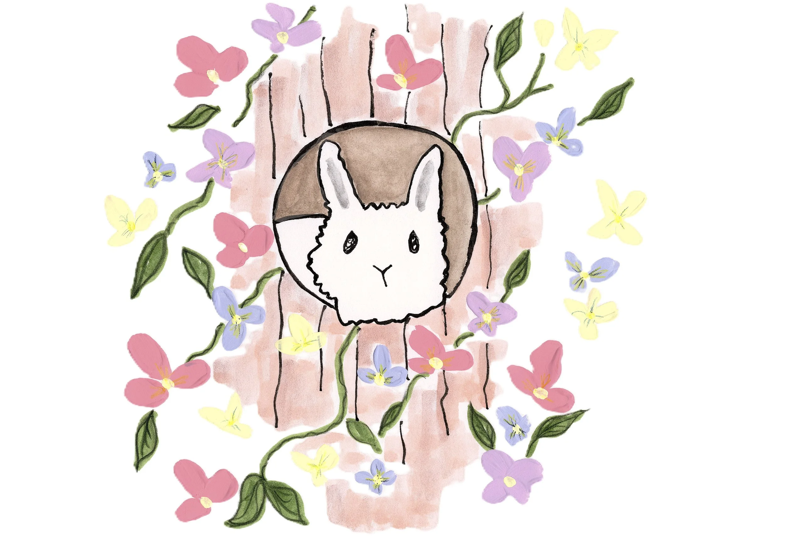 Watercolor illustration of a white bunny with black eyes and nose, peeking out of a peachy pink tree trunk, surrounded by pastel colored flowers and green leaves.