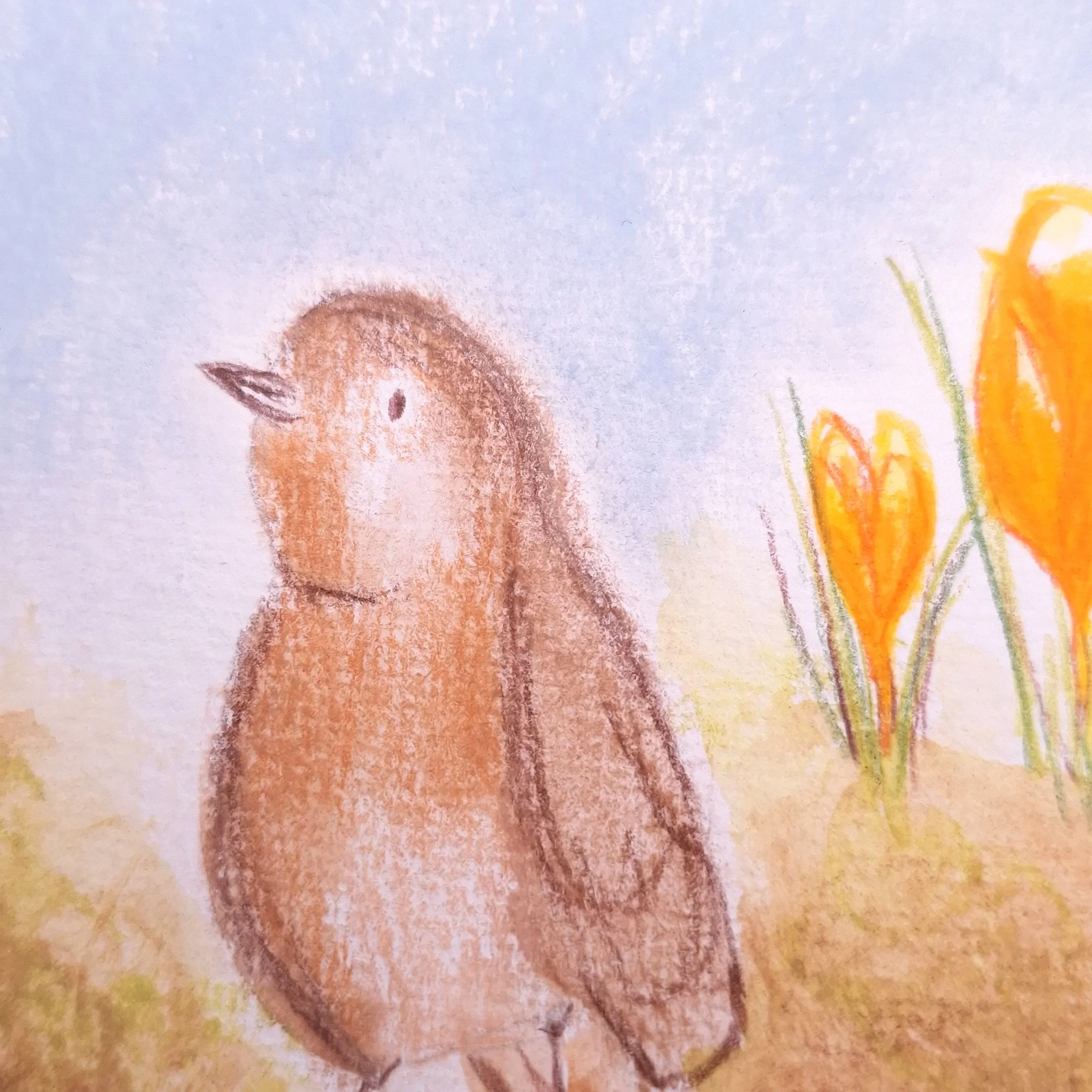 A  drawing of a robin next to yellow and orange flowers on a with a blue sky background.