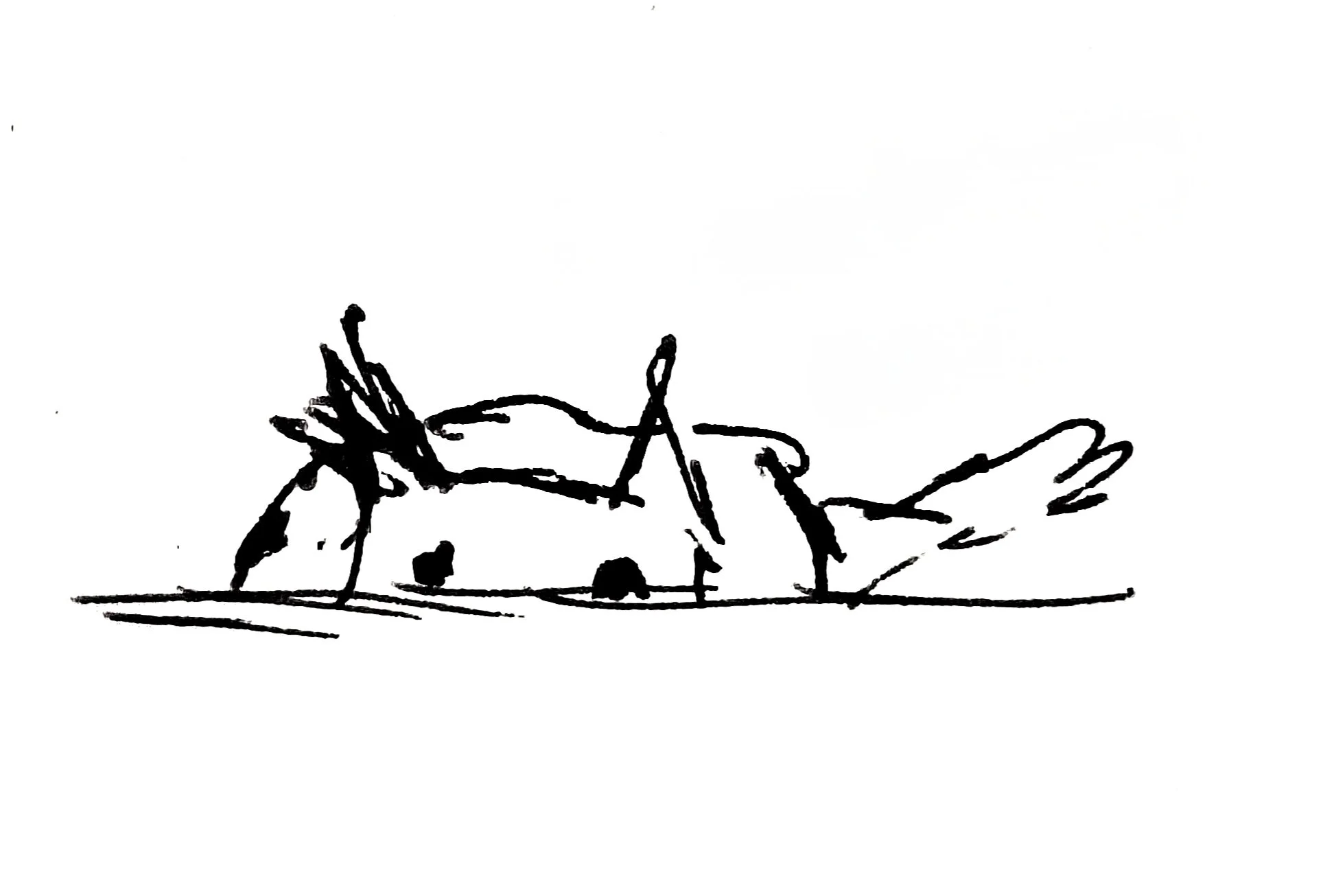 A simple black and white line drawing of a cat playfully waiting to pounce, with its tail stretched out.