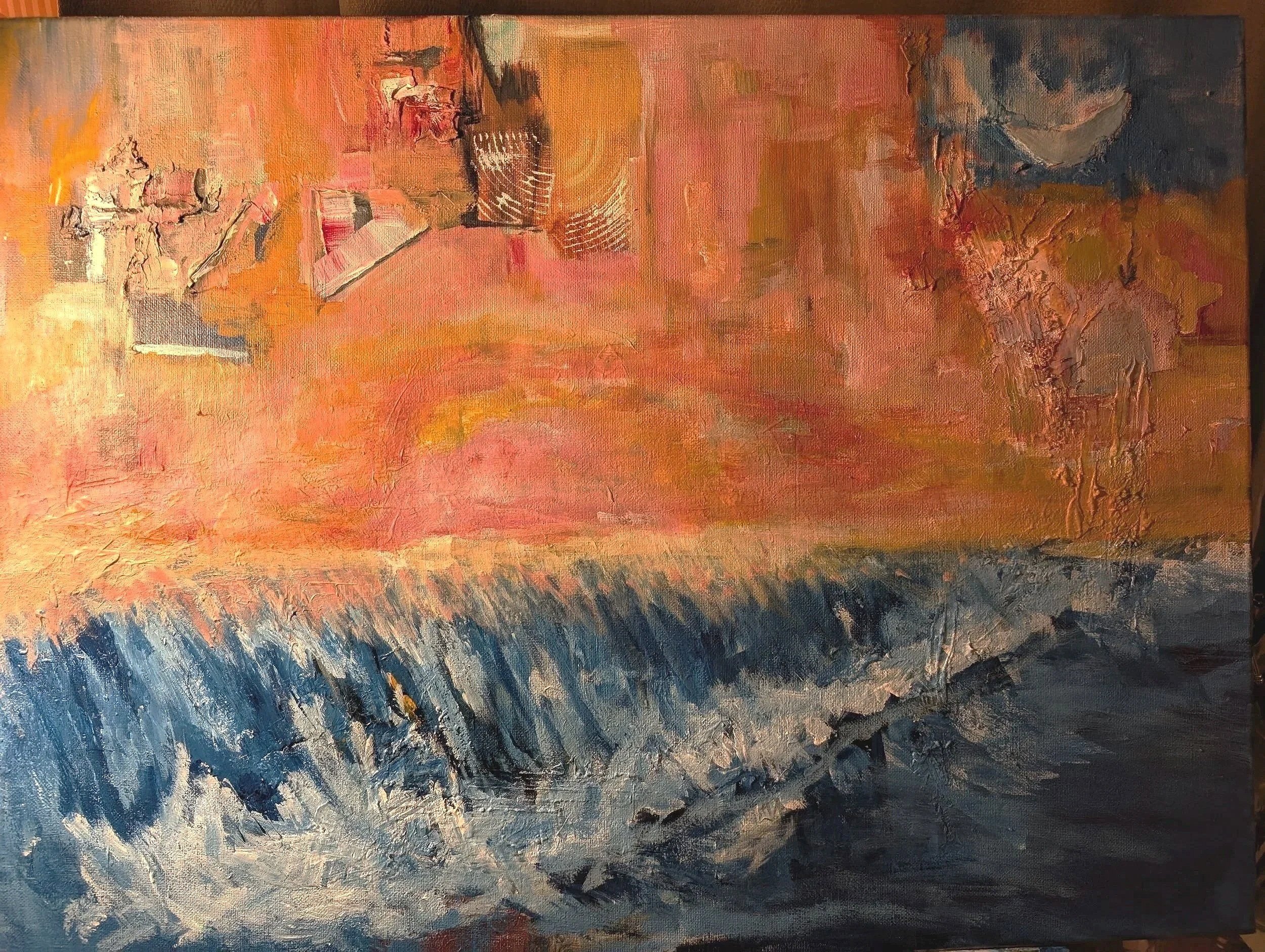 An abstract landscape painting with a warm orange-pink sky, a dark textured fog or water at the bottom, and some indistinct objects or figures in the sky.