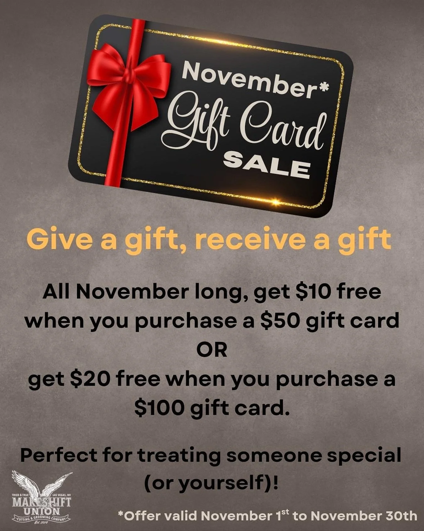 The holidays are around the corner, give the gift of great hair. Makeshift Union gift cards on sale now available! 

November 1 to November 30
@makeshiftunion
📍8720 W. Sunset Rd, suite D250, Las Vegas, NV, 89113
BOOK YOUR APPOINTMENT
📞702-527-6318

