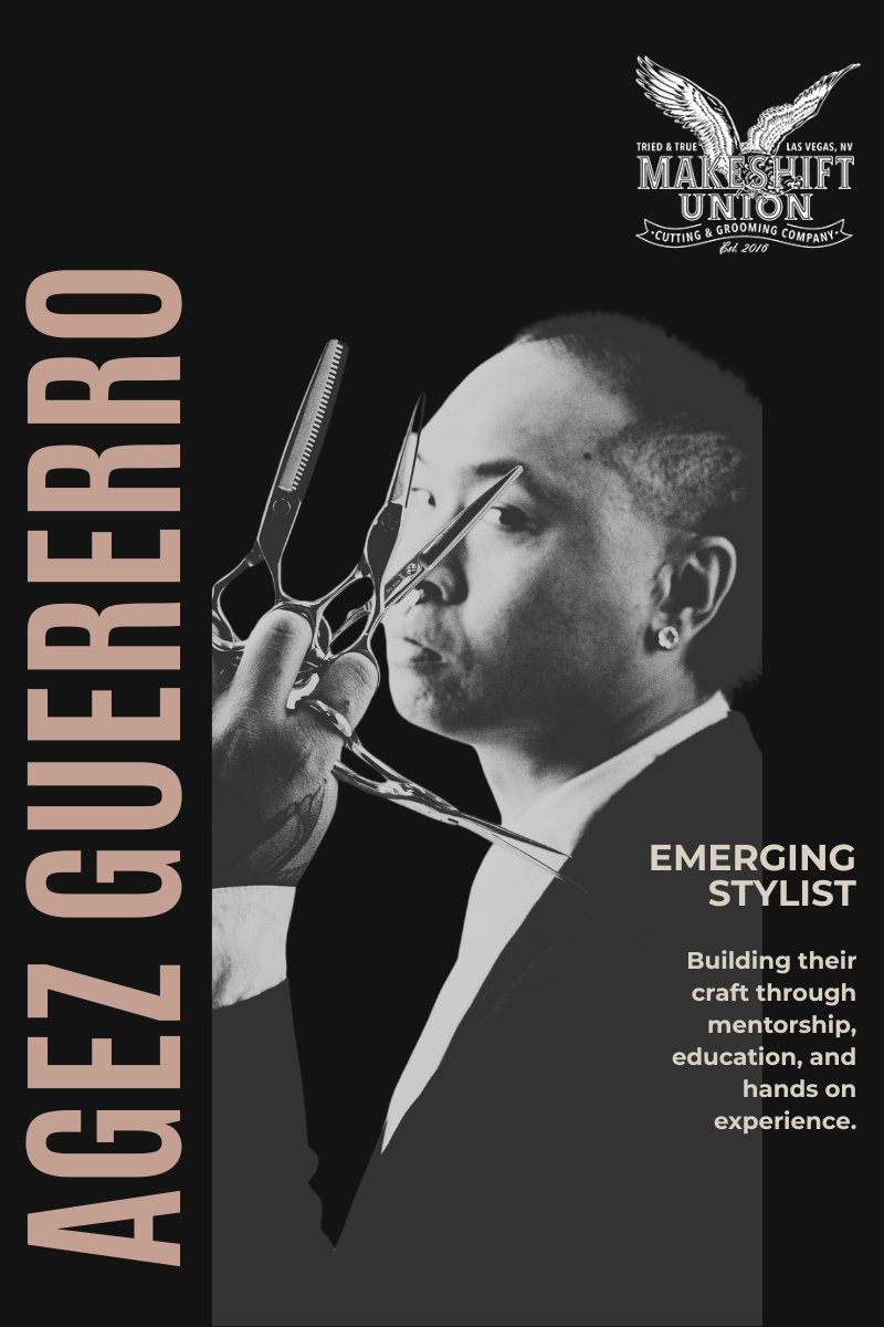 Black and white promotional poster featuring a person with a short hairstyle and earrings, holding hairdressing scissors near their face. The poster is for a stylist , with the phrase vertically on the left side and text on the right that reads "Emerging Stylist" and "Building their craft through mentorship, education, and hands on experience." The logo for 'Make Shift Union,' a cutting and grooming company founded in 2016, is at the top right corner.