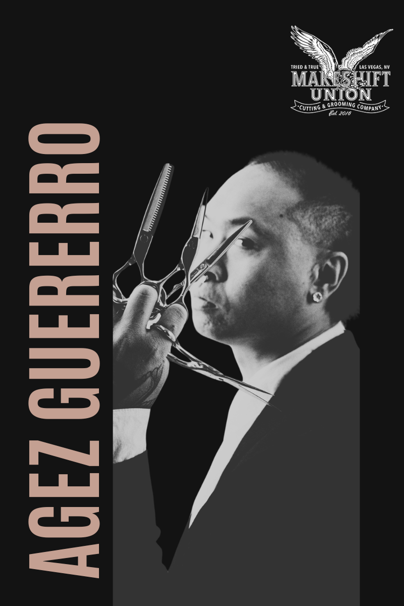 Black and white poster featuring a woman with a closely shaved hairstyle, holding hair cutting scissors and a comb, with the text 'AGEZ GUERERRO' vertically on the left side and a logo of a winged emblem with 'Makeshift Union' at the top right.
