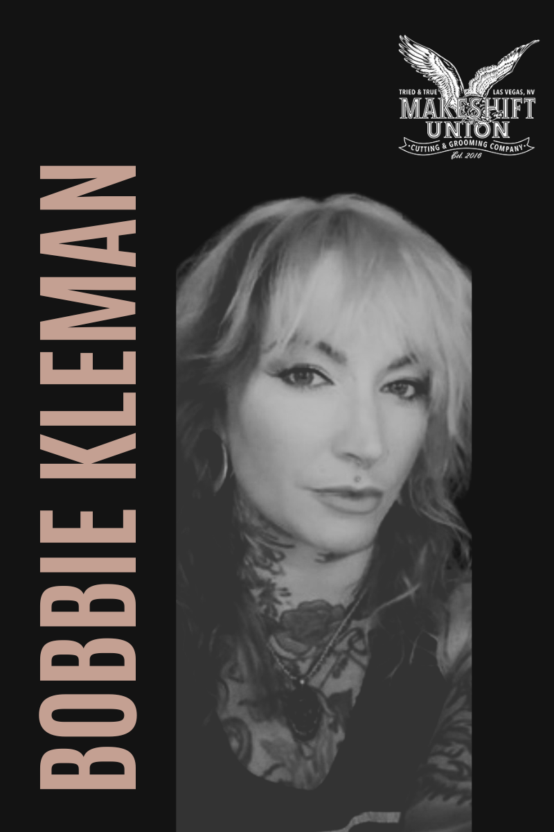 Black-and-white photo of a woman with tattoos, shoulder-length wavy hair, and a confident expression, with the name 'Bobbie Kleman' written vertically on the left and the logo for 'Make Shift Union' hair salon at the top right.