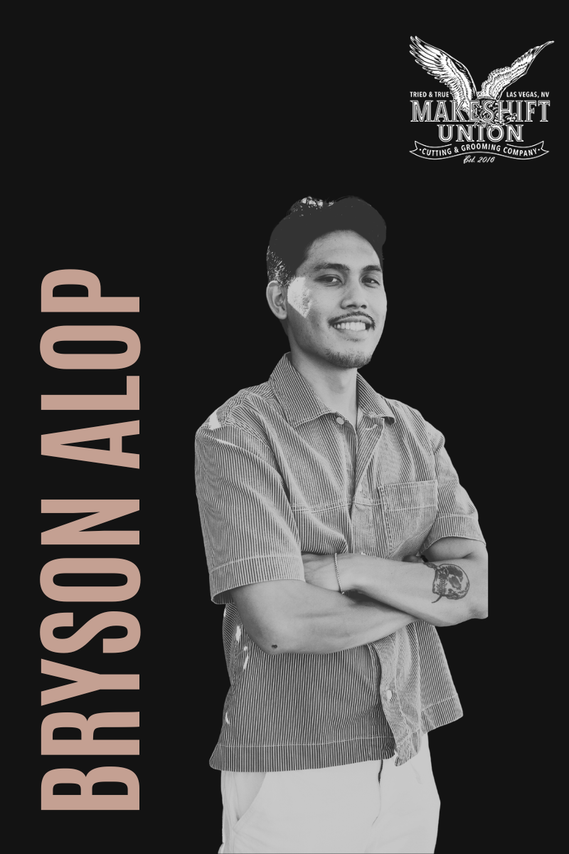 Black and white promotional photo of a smiling man with crossed arms, wearing a short-sleeve button-up shirt and sporting a tattoo on his arm. The background is black with text indicating 'BRYSON ALOP' on the left side and a logo for 'Make Shift Union' in the top right corner.