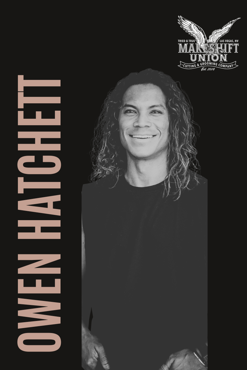 Black and white photo of a man with long, curly hair smiling, with a logo in the top right corner that reads "Make Shift Union" and a vertical text on the left that says "Owen Hatchet"