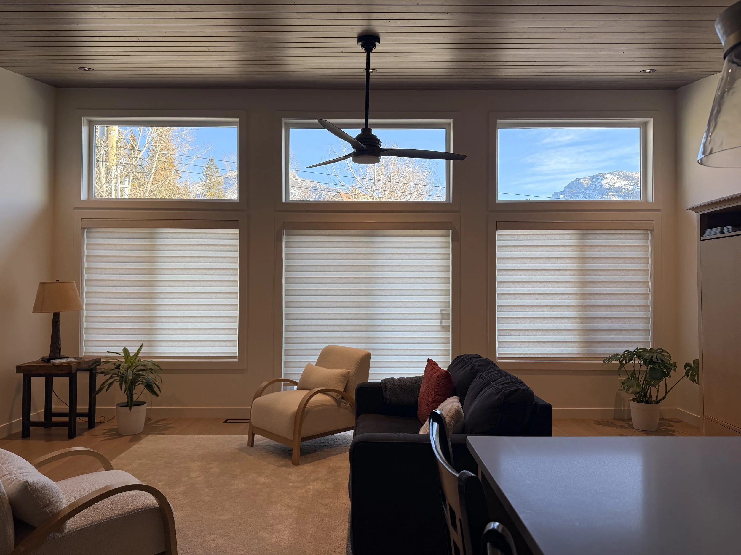 Living room with large windows with zebra blinds, ceiling fan, beige and black seating, potted plants, and mountain view outside. Located in Banff, Alberta.