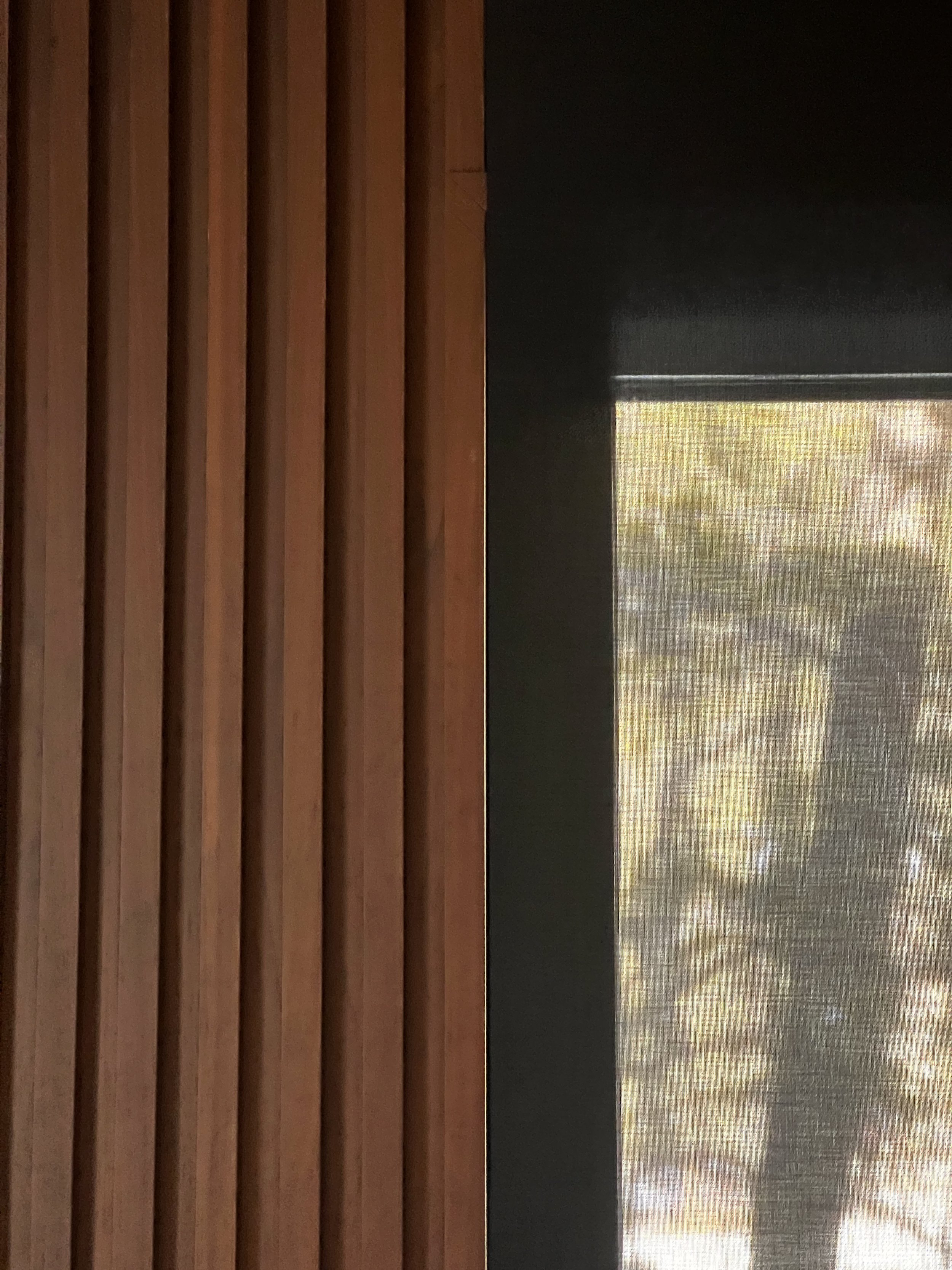 Interior view showing a wooden slat wall on the left and a window covering mesh screen on the right, through which trees and sunlight are visible.