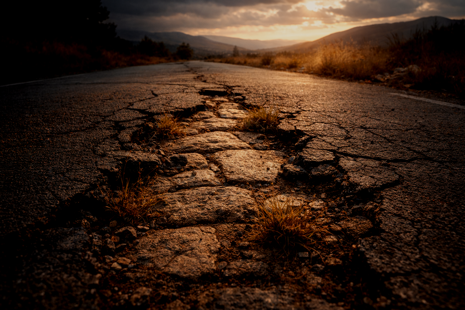 Ancient stone pathway revealed beneath cracked modern asphalt with grass growing through, symbolizing buried original truth.