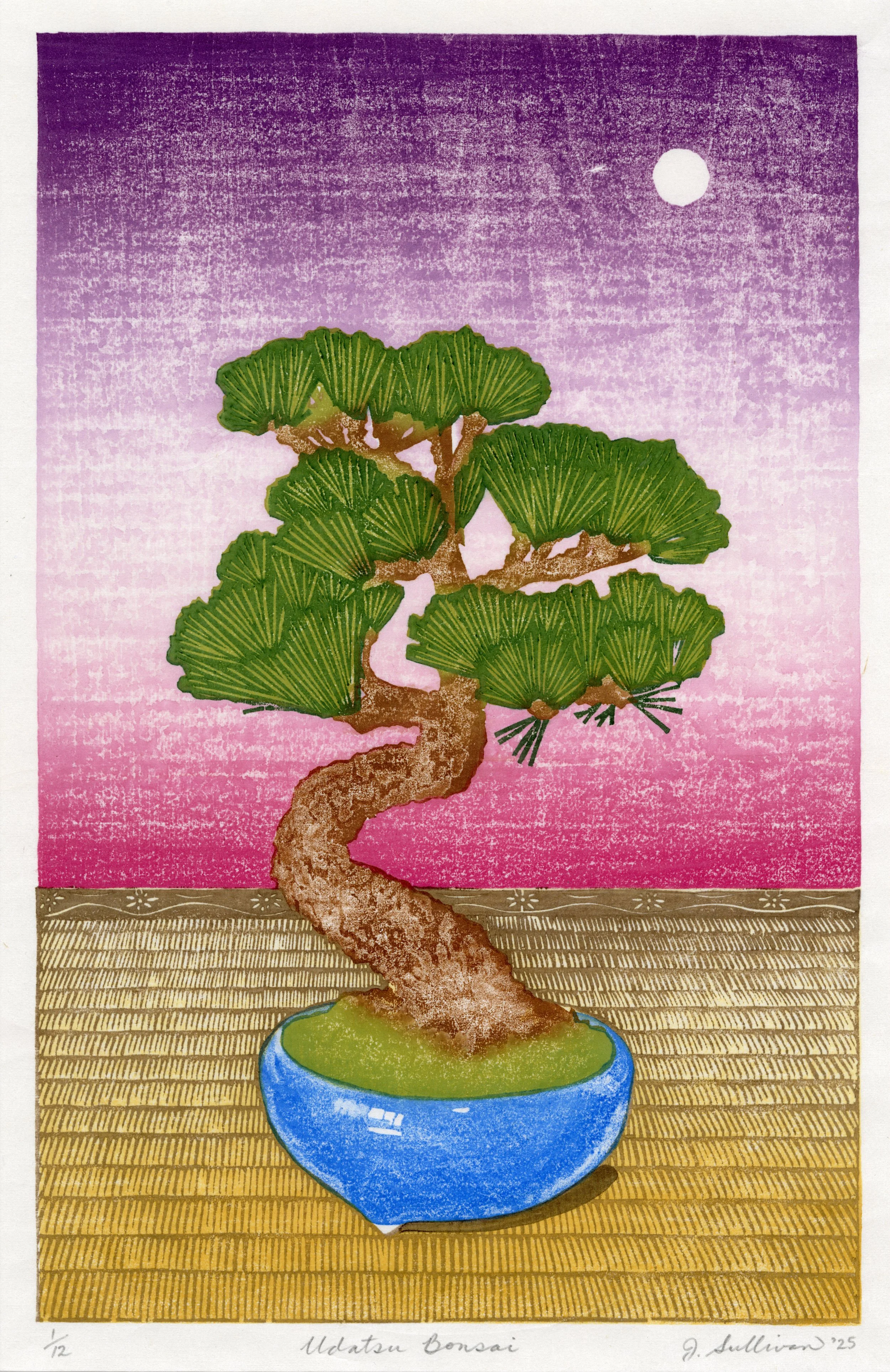 Udatsu Bonsai - A2 mokuhanga woodcut on Nasu Kozo washi made by Yamada Paper Mill, Echizen, Japan, in a 12" x 18" mat (2025)