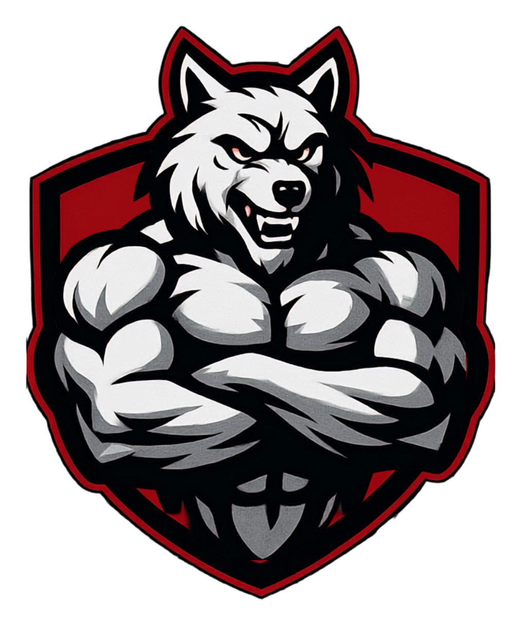 A fierce muscular wolf mascot with crossed arms, snarling, on a black and red shield background.