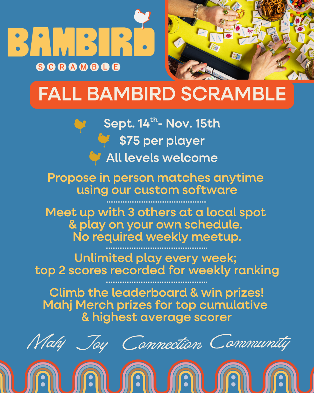 Flyer titled 'Bambird Scramble' for a fall event running from September 14th to November 15th, featuring a table with dominoes, cookies, and pens, with gold chick icons and colorful decorative borders.