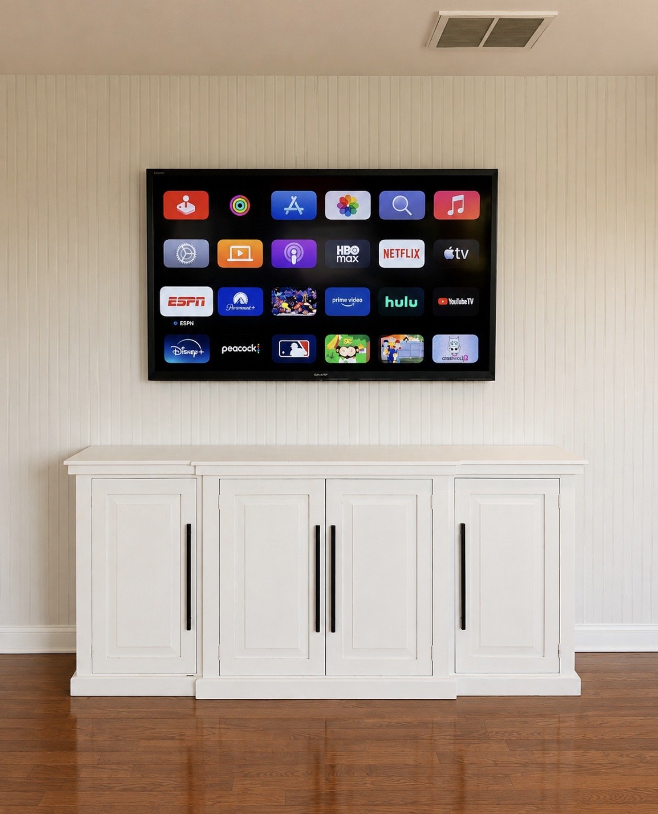75” TV tilt mount, Forest Hills, wood slats
