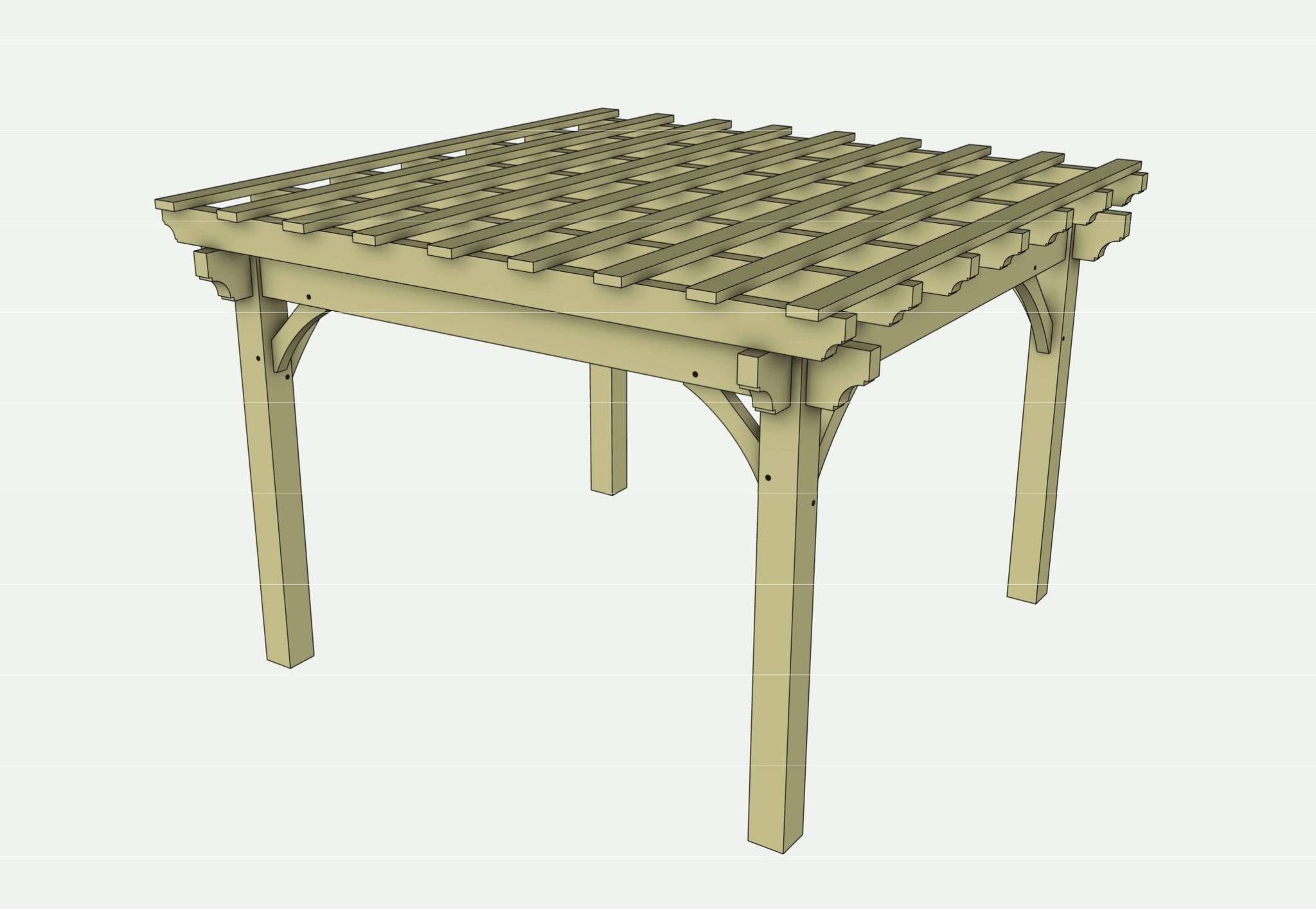 A wooden garden table with a slatted top and curved support beams.