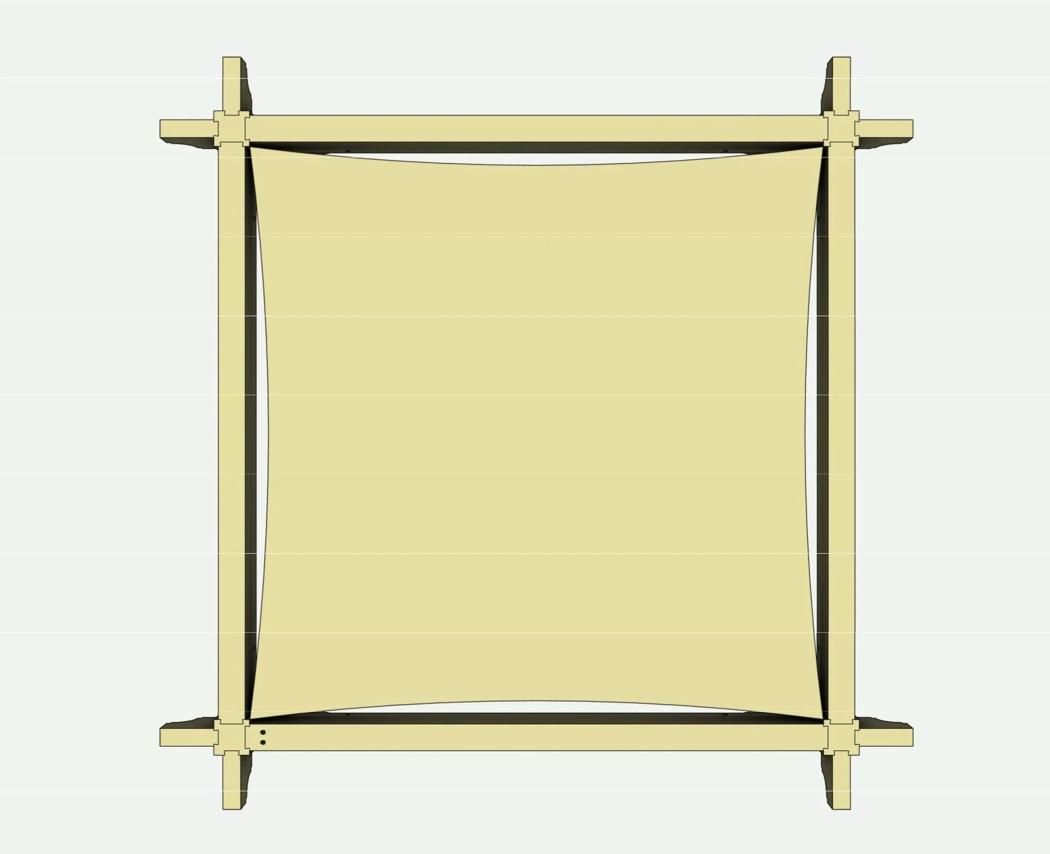 A design of a screen or partition with a yellow fabric or panel mounted on a beige or cream-colored frame with four corner posts and supporting rails.