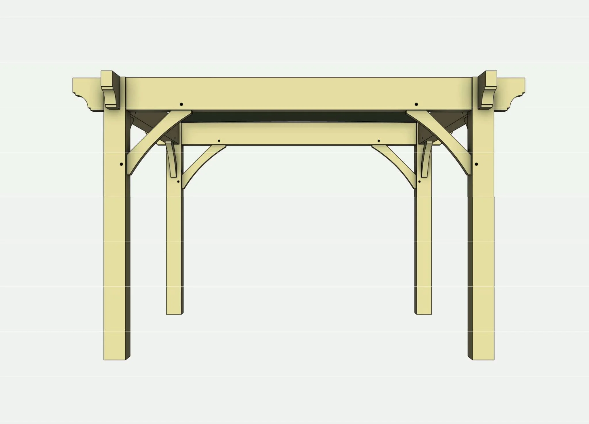 Drawn illustration of a wooden outdoor pergola with four vertical posts, horizontal beams, and decorative brackets, set against a plain background.