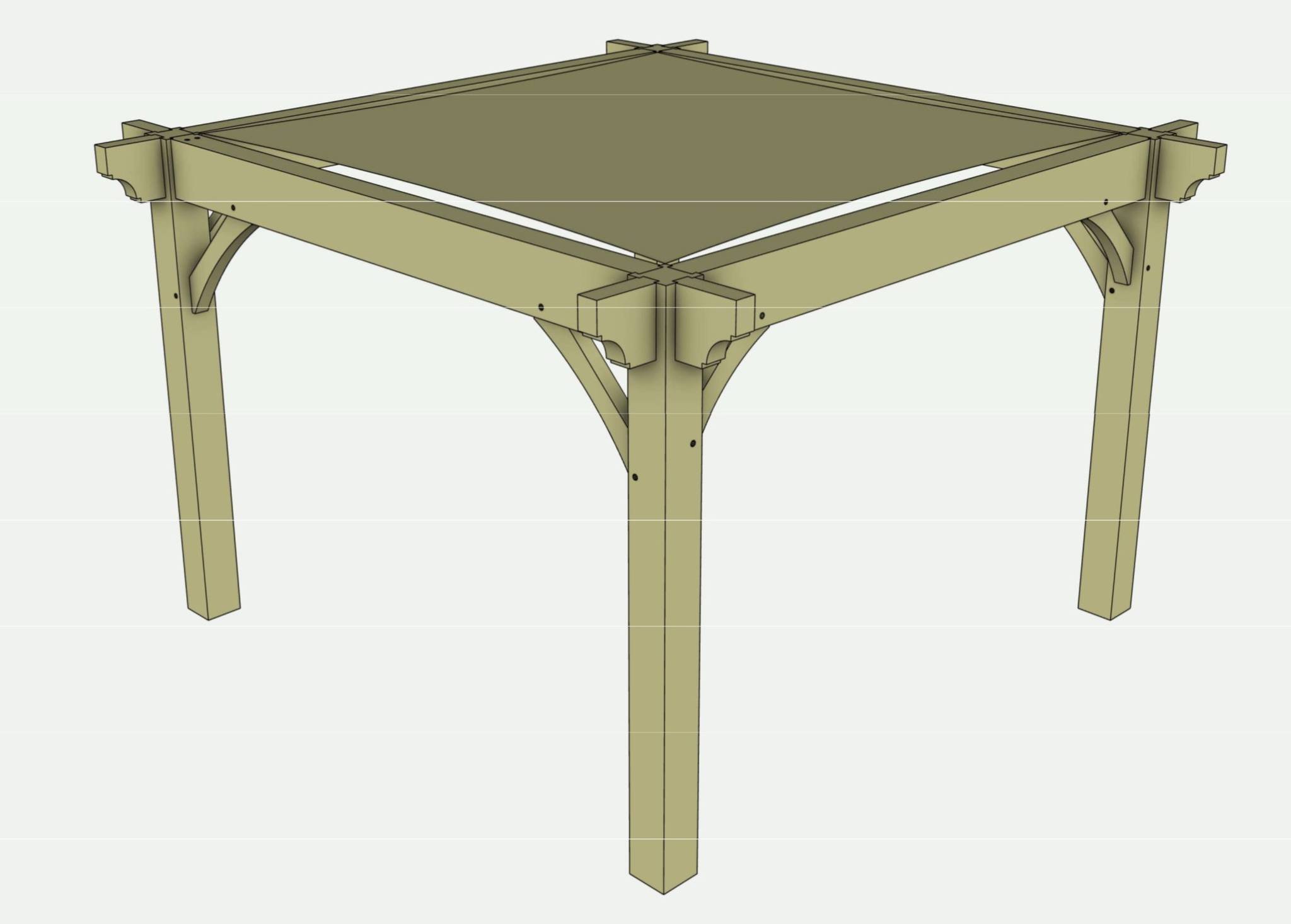 3D rendering of a wooden table with four legs and a square top, featuring corner braces for reinforcement.