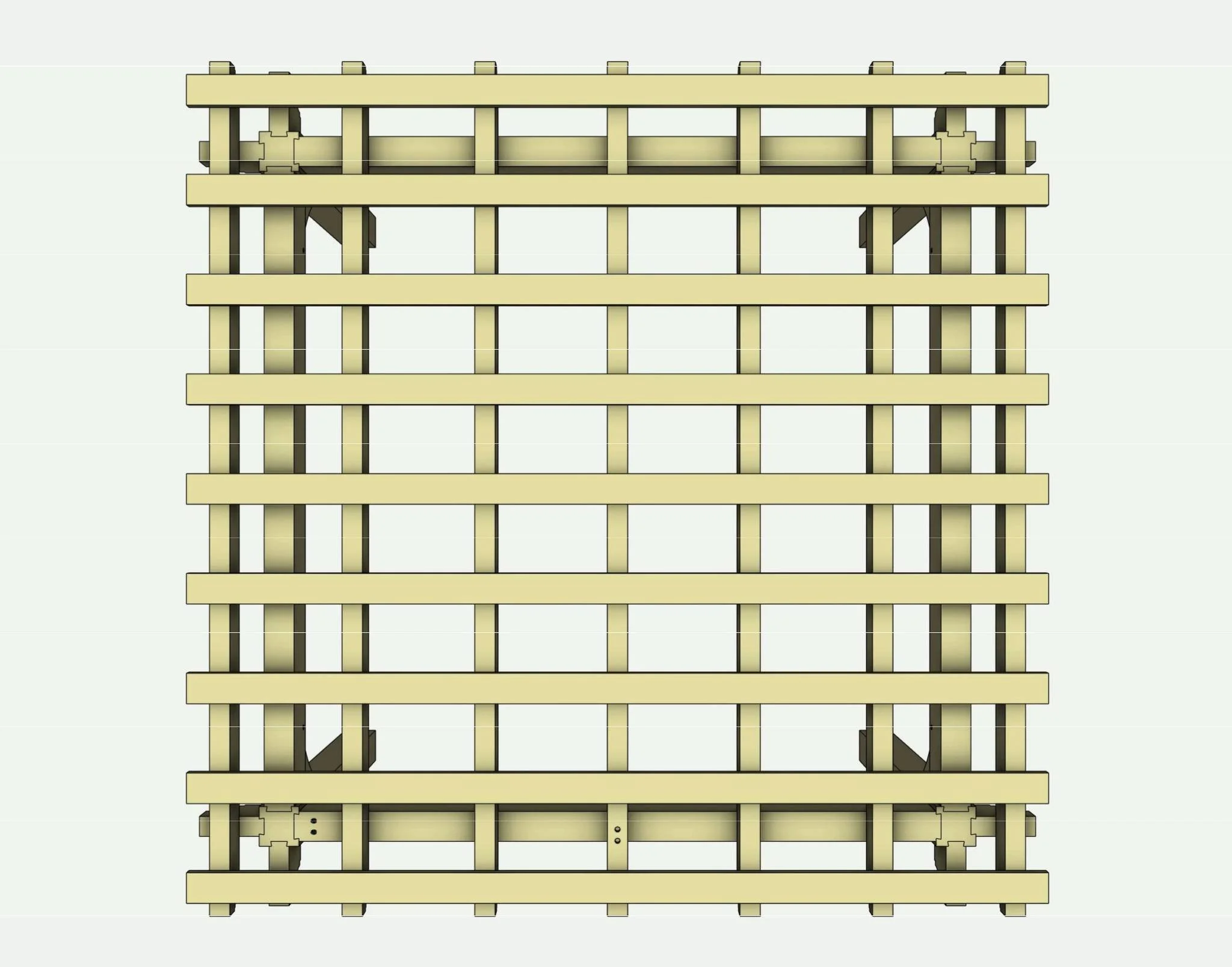 A digital illustration of a beige wooden pallet, showing the top, bottom, and side views, with visible slats and support beams.