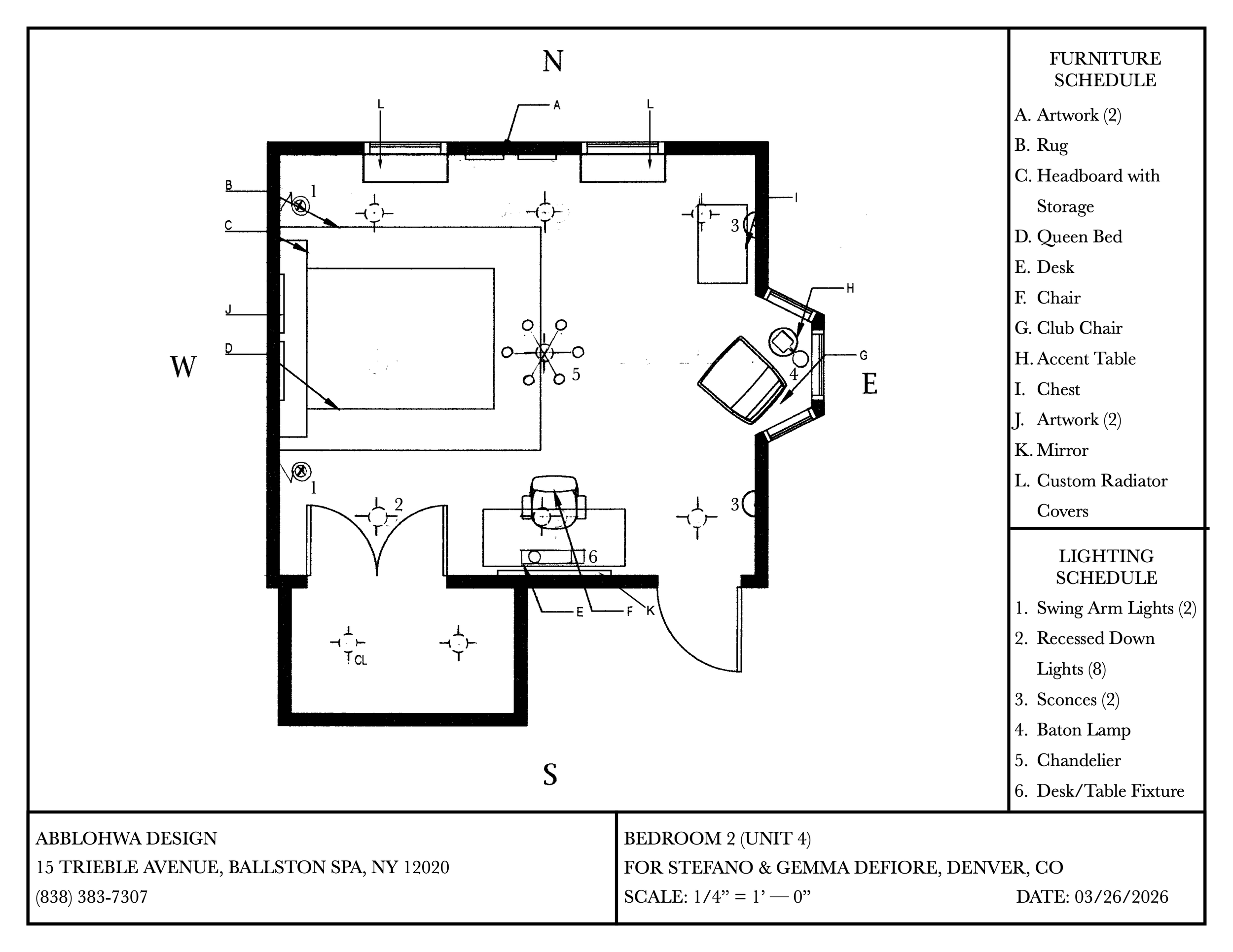 Furniture and lighting schedule with floorplan.