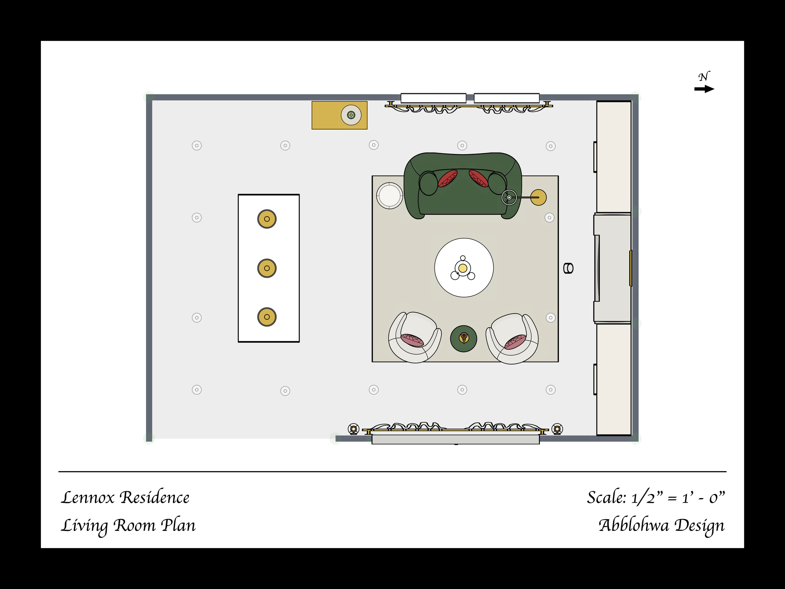 Computerized floor plan of tropical-style living room.