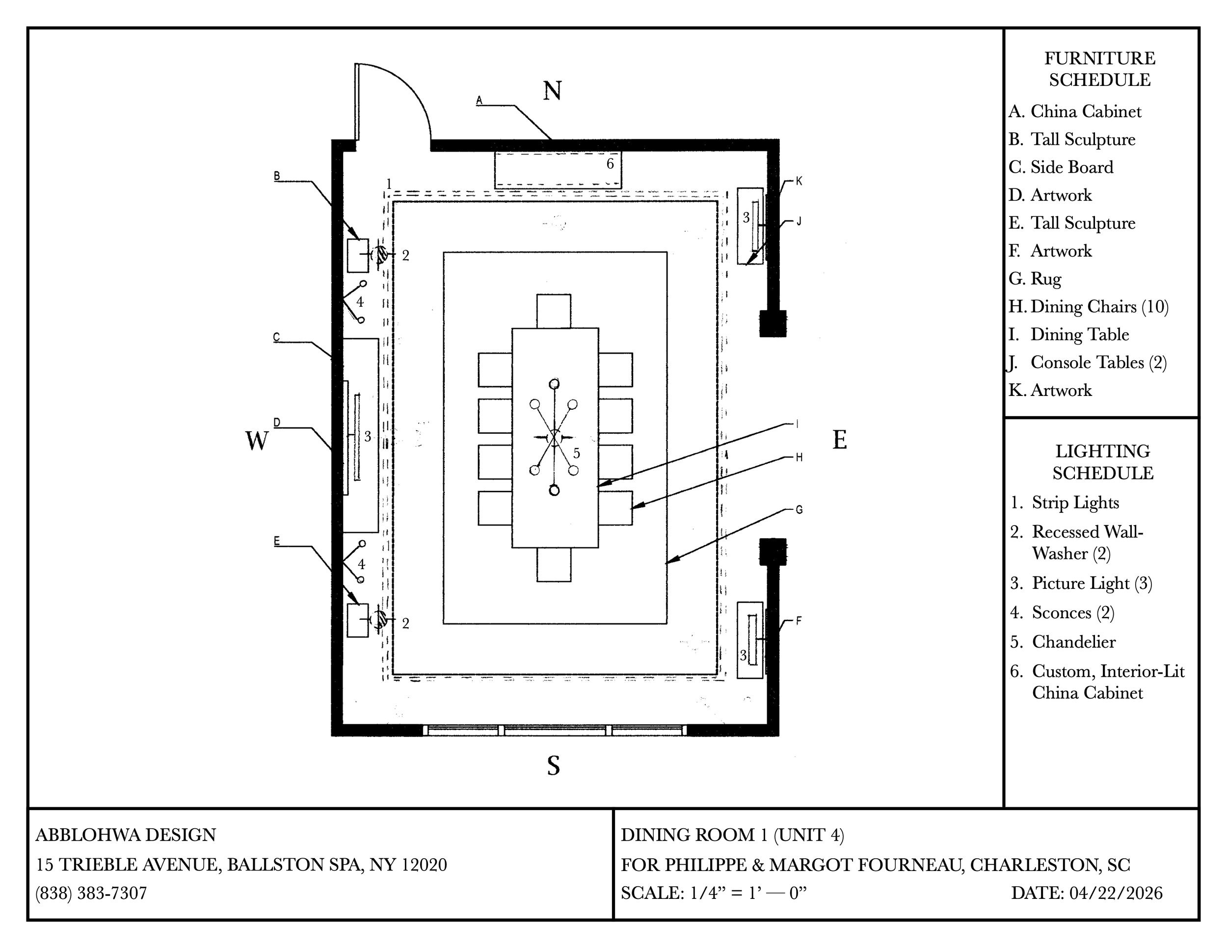 Furniture and lighting schedule with floorplan.