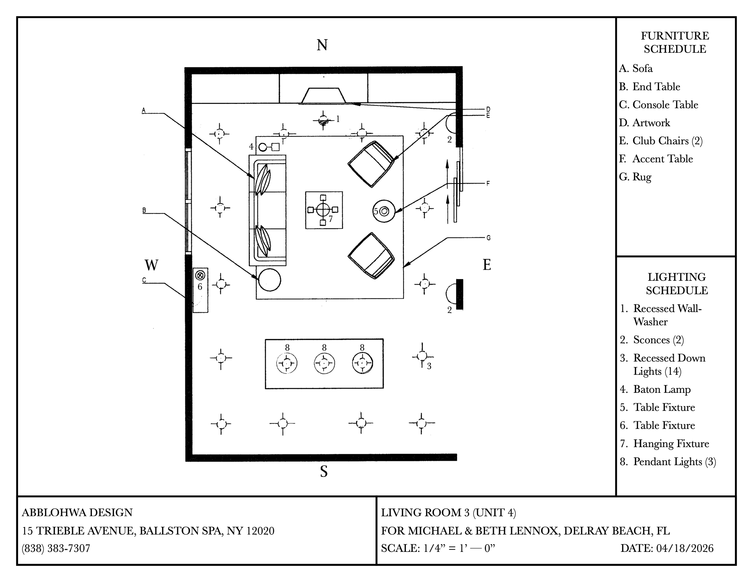 Furniture and lighting schedule with floorplan.