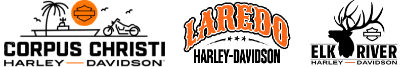 Logo for Corpus Christi Harley-Davidson, featuring a palm tree, lighthouse, motorcycle, and orange Harley emblem; Los Laredo Harley-Davidson with stylized text; Elk River Harley-Davidson with a deer head and Harley emblem.