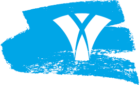 Blue abstract background with a white symbol resembling a person with arms raised.