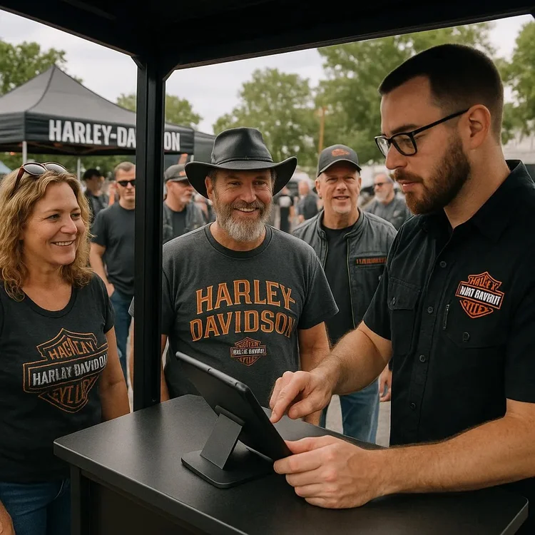 Handheld tablet kiosk — Harley Davidson dealership