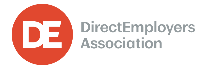 Logo of the Direct Employers Association featuring a red circle with white letters 'DE' and gray text to the right reading 'Direct Employers Association'.