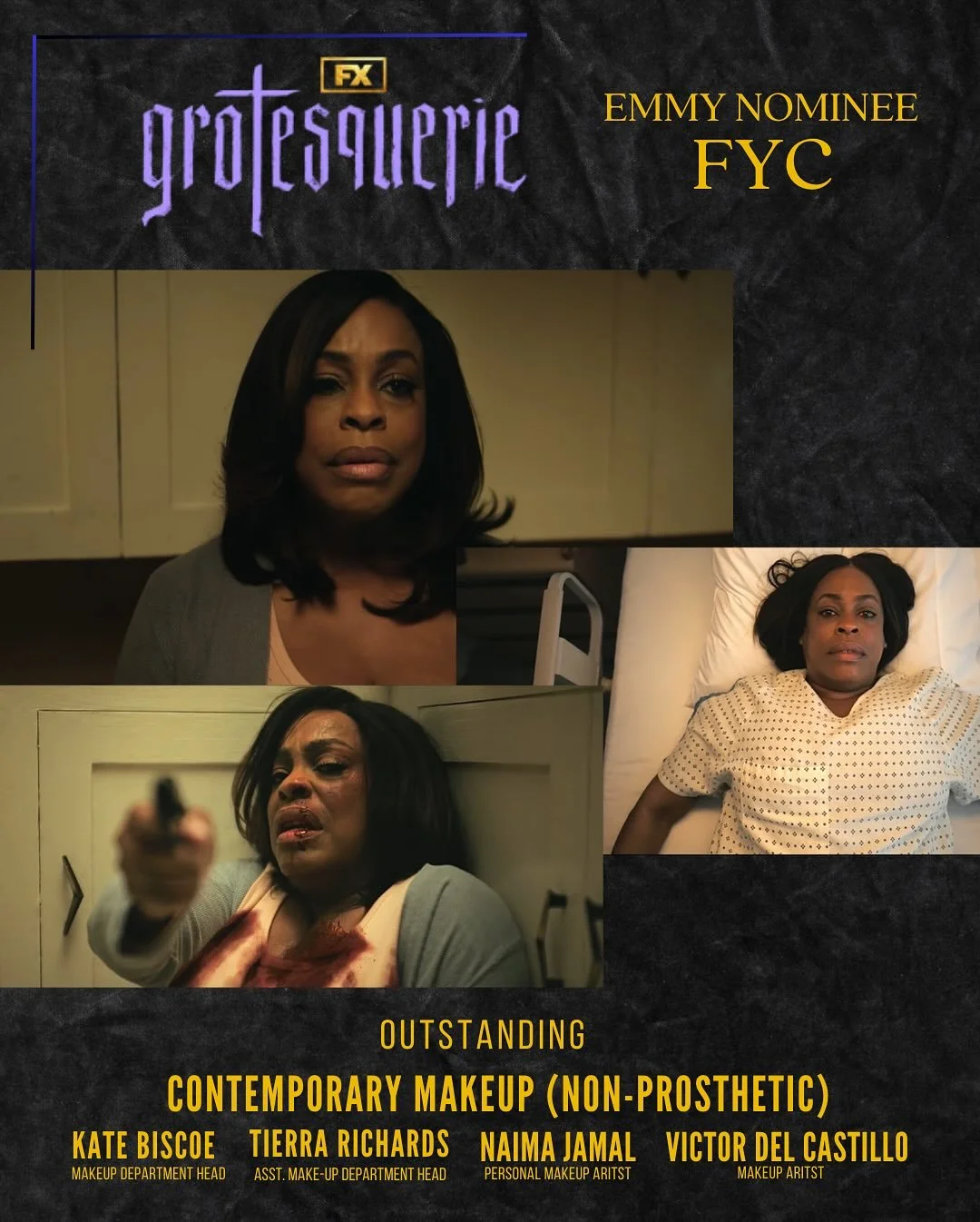 FYC &bull; @televisionacad  @grotesqueriefx 
Outstanding Contemporary Makeup (Non-Prosthetic) 

Nothing is what it seems! What a delight to have so many character changes in 1 season. 

Makeup Dept Head - @k8biscoe 
Asst Dept Head - Tierra 
NN Makeup