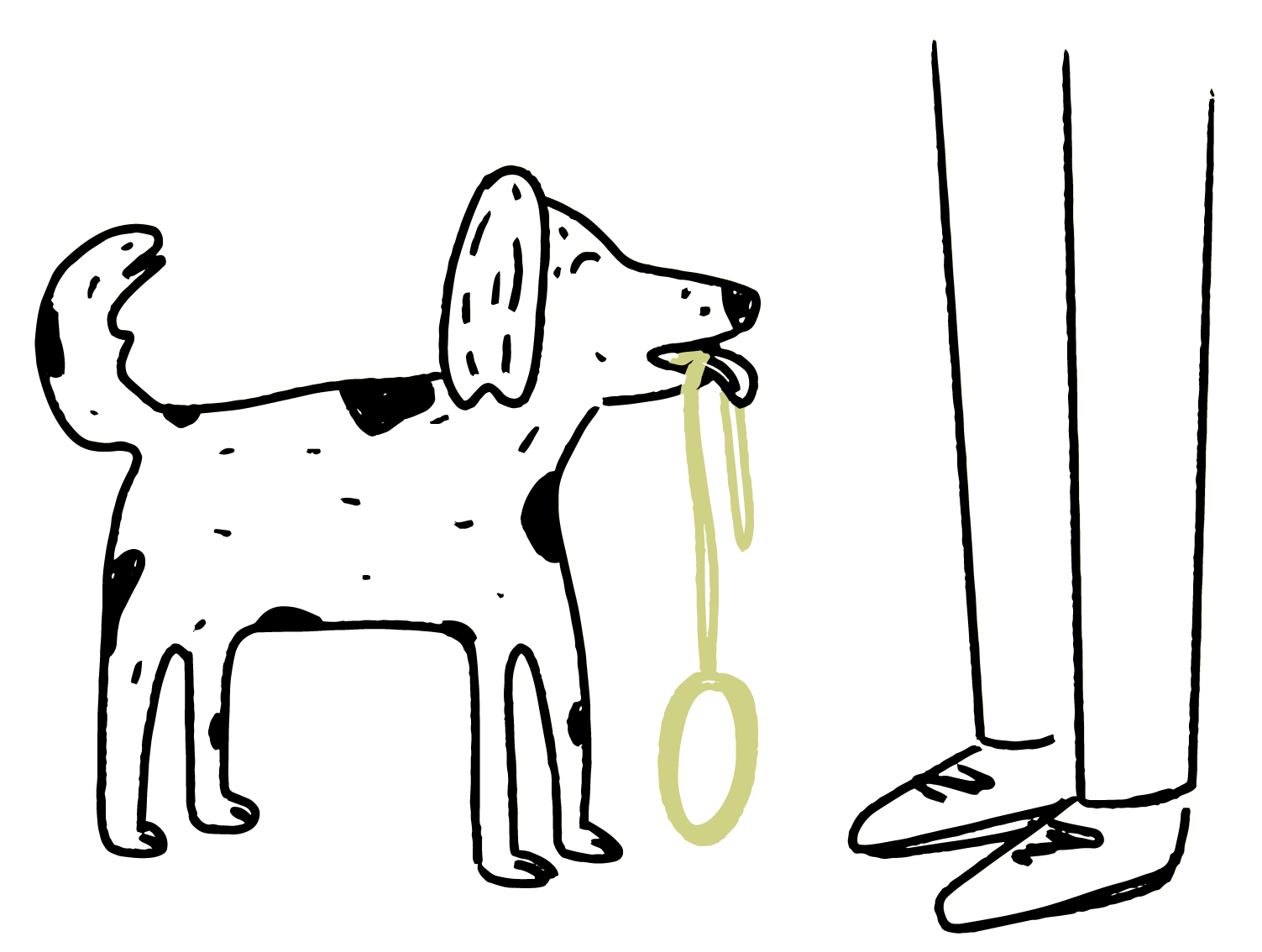 Illustrazione di un cane con in bocca un guinzaglio, davanti al suo proprietario