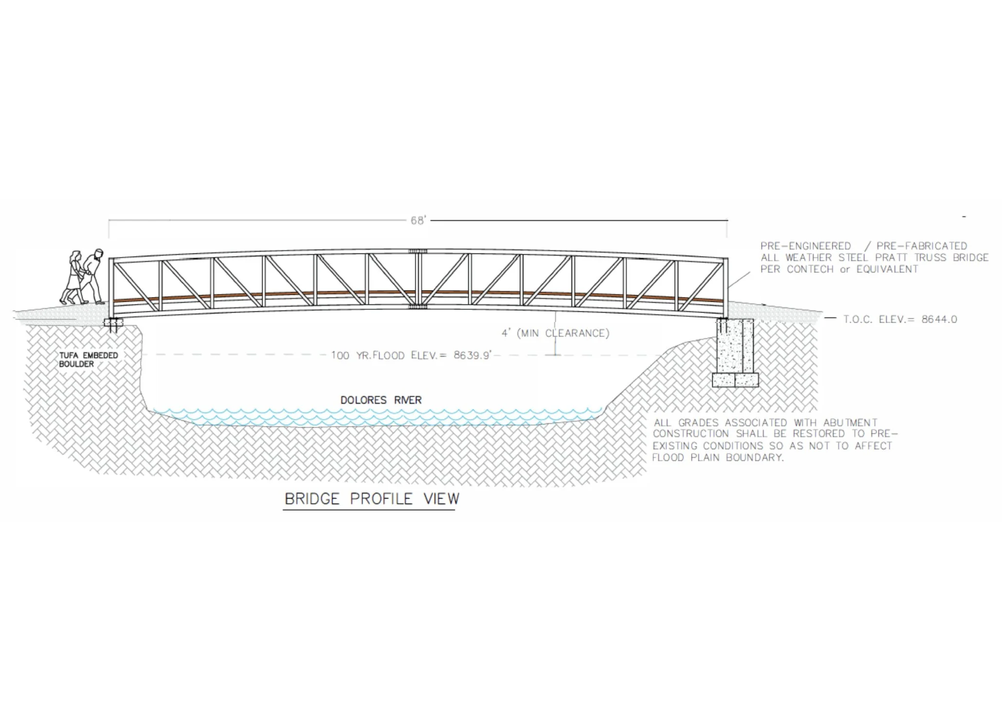Technical drawing of a bridge over the Dolores River, showing a side view with measurements, construction details, and a person walking across.