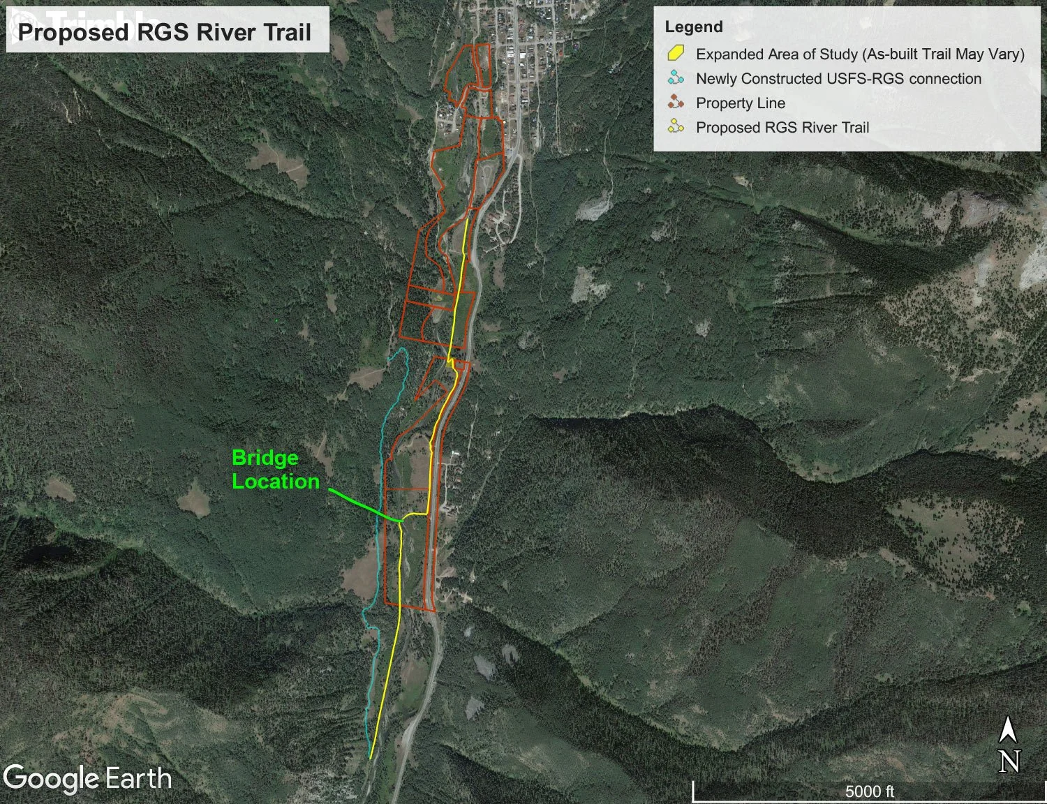 Map showing proposed RGS River Trail with colored lines for trails, property lines, a bridge location marked in green, and a legend explaining the trail extensions and connections, set in a forested and mountainous area.