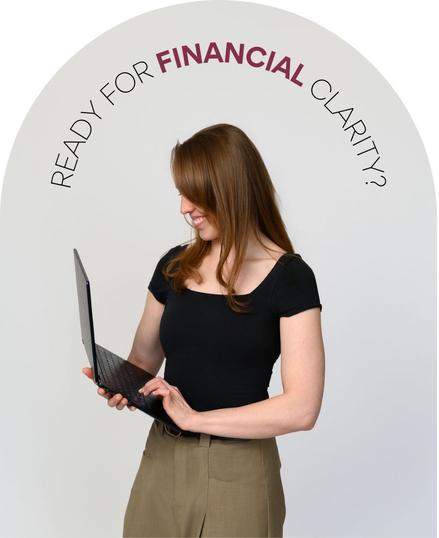 Emily Jachimiak smiling while working on a laptop with overlay text about financial clarity for small business owners.