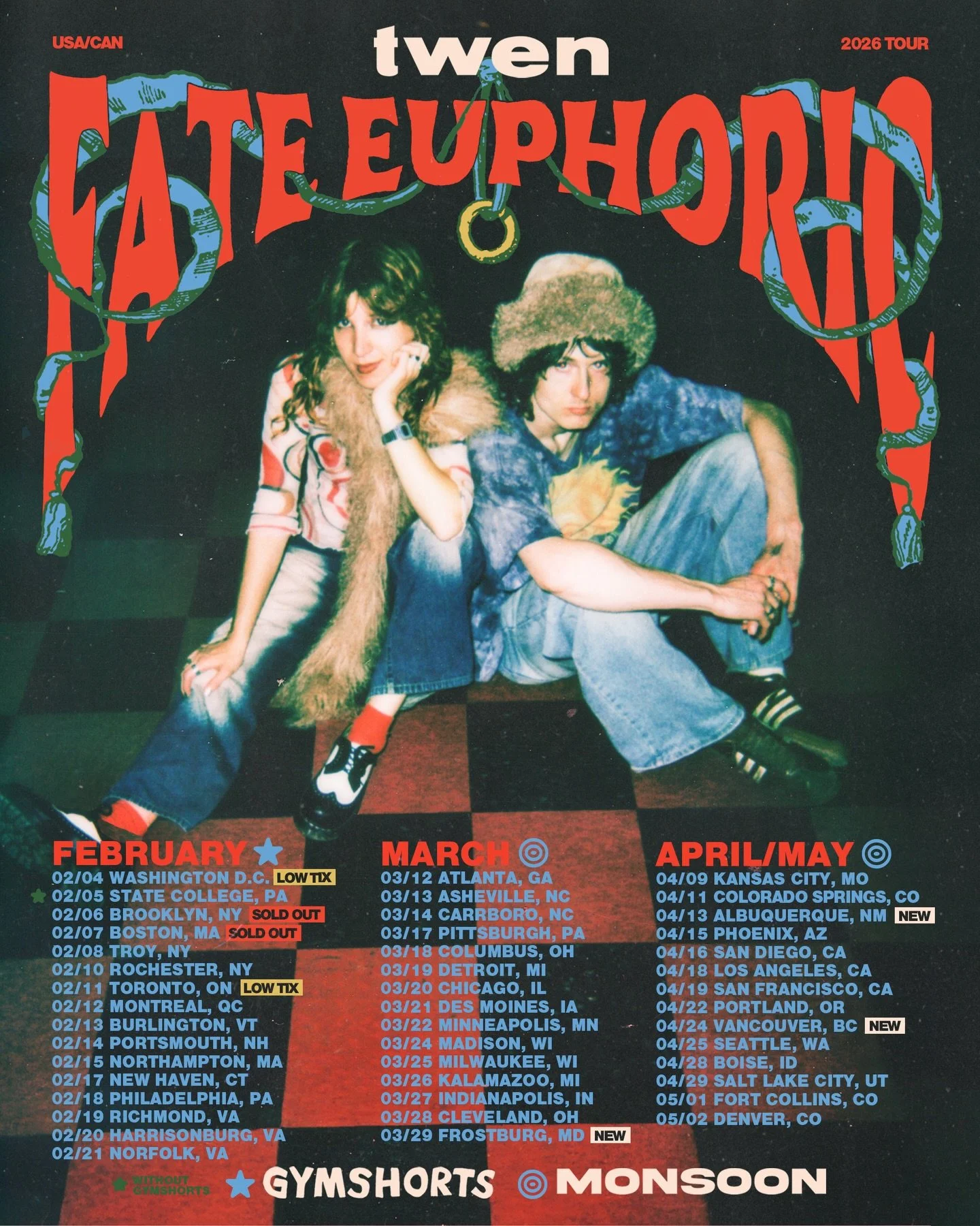 NEW YEAR NEW DATES NEW SUPPORT🚨BUT NO TIX in nyc &amp; boston 🥲 bringing the jeff gordan of our generation @gymshortsmusic to slog the east coast in FEB &amp; kidnapping our doomrock hostages @monsoonband AGAIN for springtime 🌱
🎟️TIX 4 VANCOUVER 