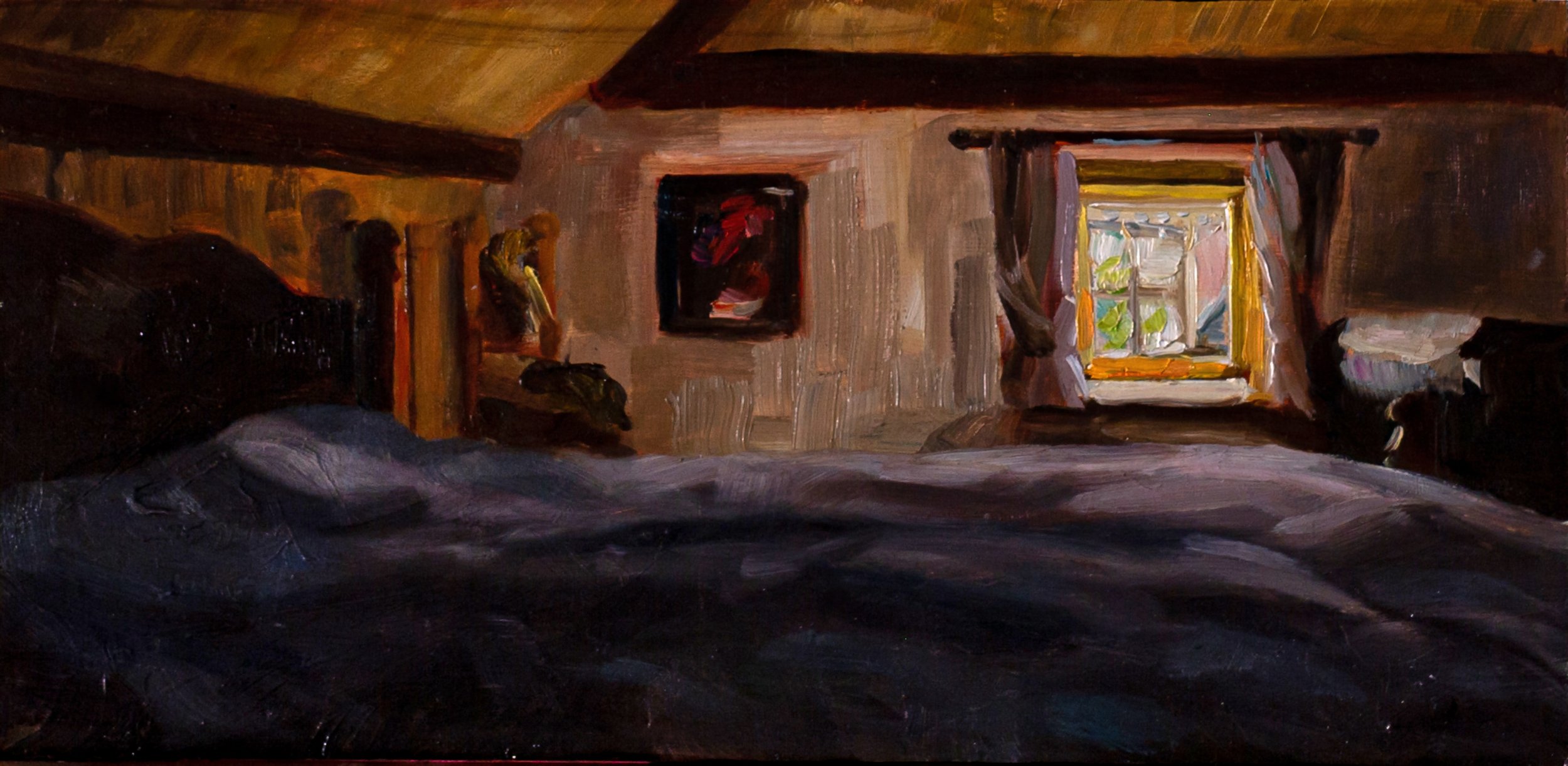 Sacha van Aarde · Sereen, olieverf marouflé op paneel, 16 × 30 cm, €320