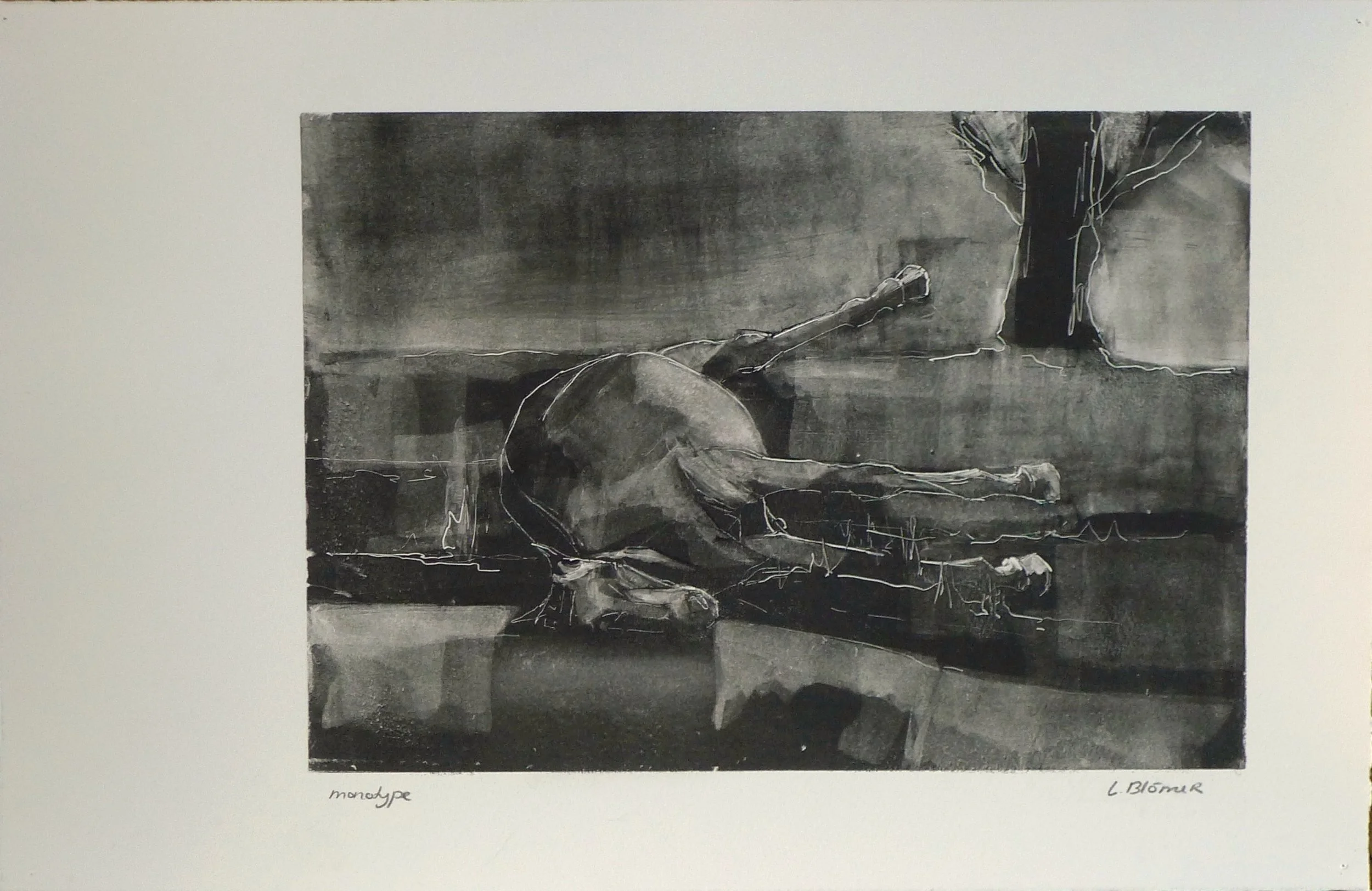 Laura Blömer · Her Majesty’s Servants V, monotype (olieverf), 28,5 × 44 cm incl. witrand, €295