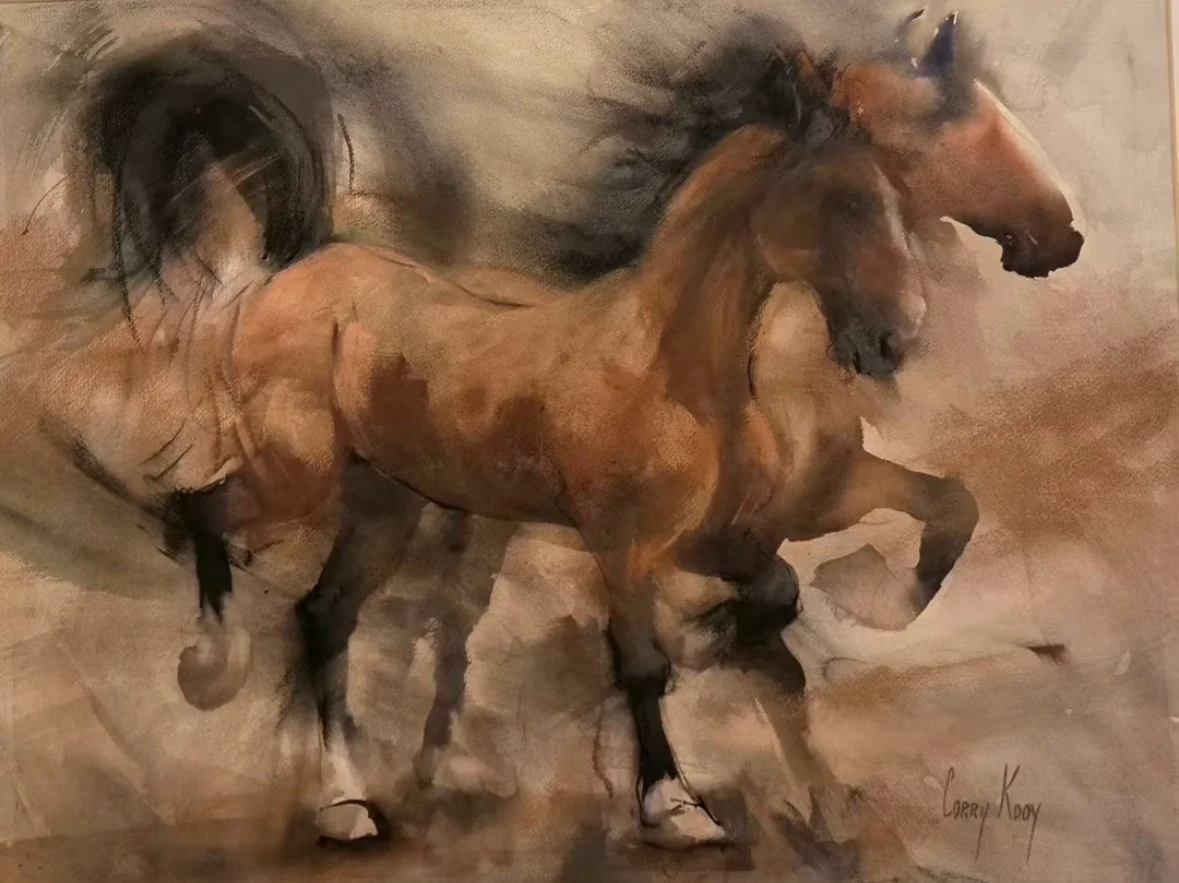 Corry Kooy · Dartalende Paarden, aquarel / pastel, 88 × 70 cm, €1.250