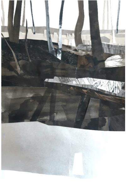 Marloes Bomers · The view from the house up close III, collage op papier, 42 × 30 cm, €913 (met lijst) / €785 (zonder lijst)
