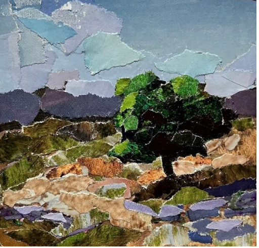 Maartje Bezemer · Solitary tree, collage, 8,7 × 9 cm, €120 (met lijst) / €100 (zonder lijst)
